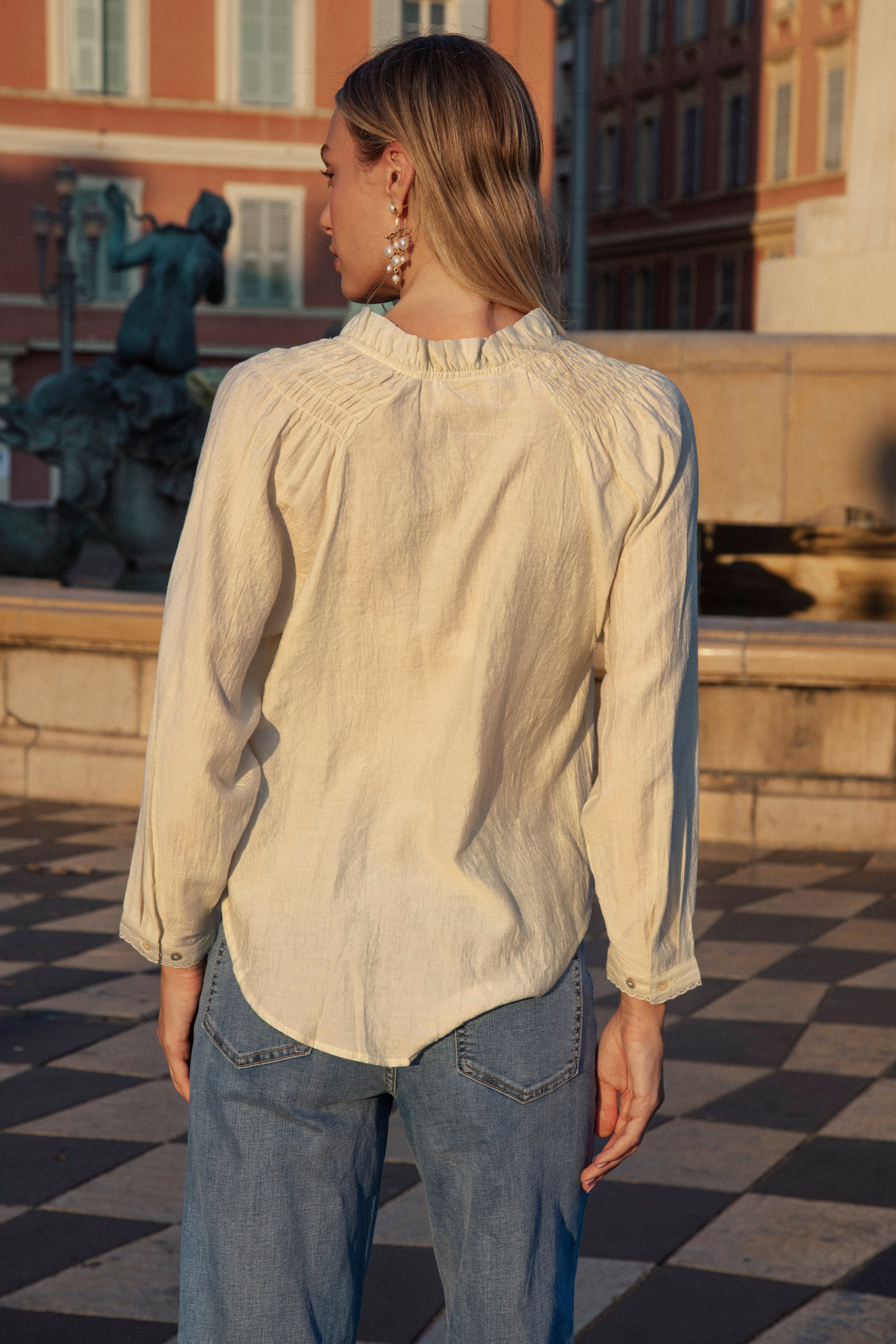 Mirella Blouse - rear view showcasing gathering at shoulders