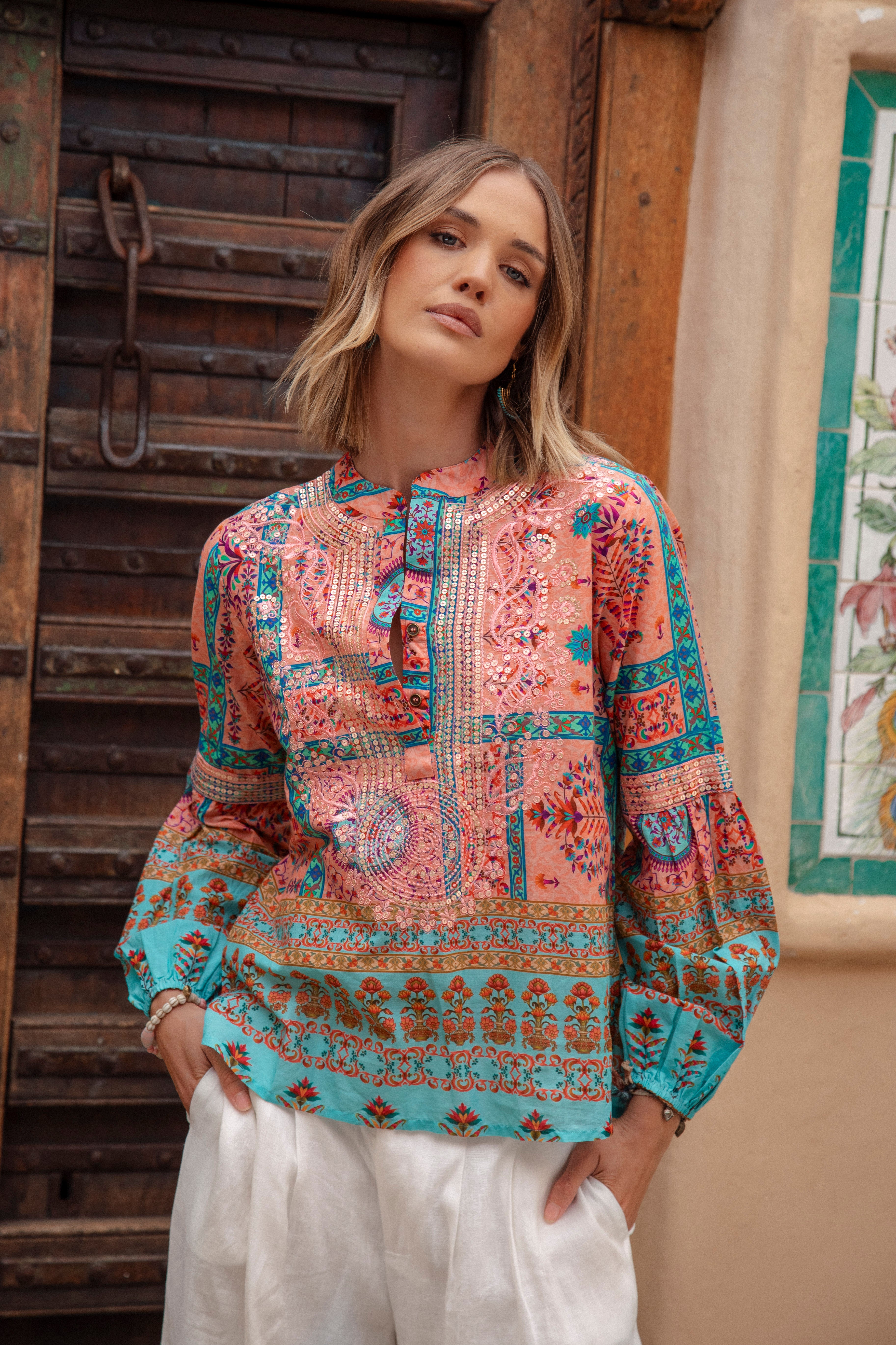 Moonshine Shirt Teal featuring Boho style and mandarin collar