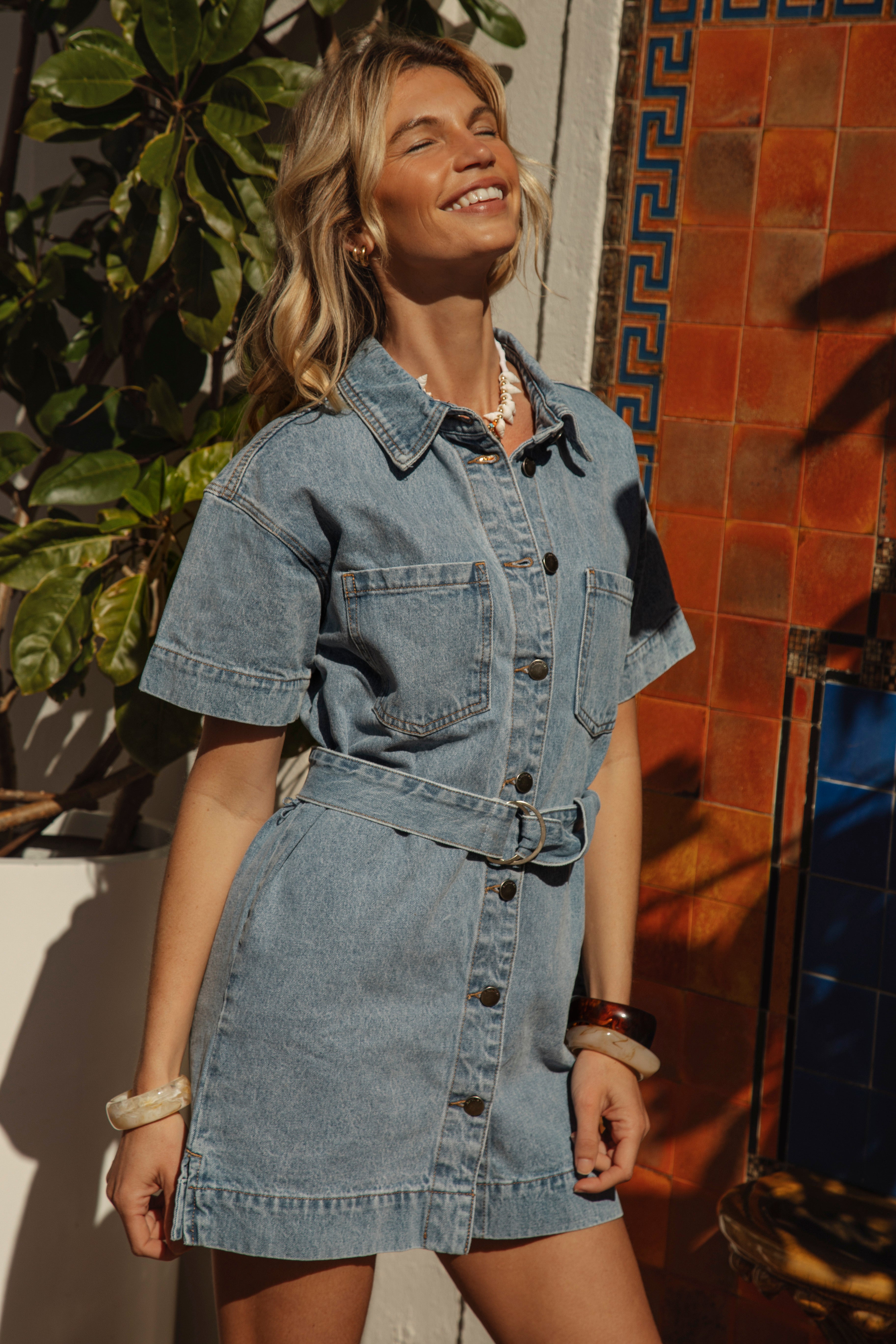 Naya Belted Denim Mini Dress Front View