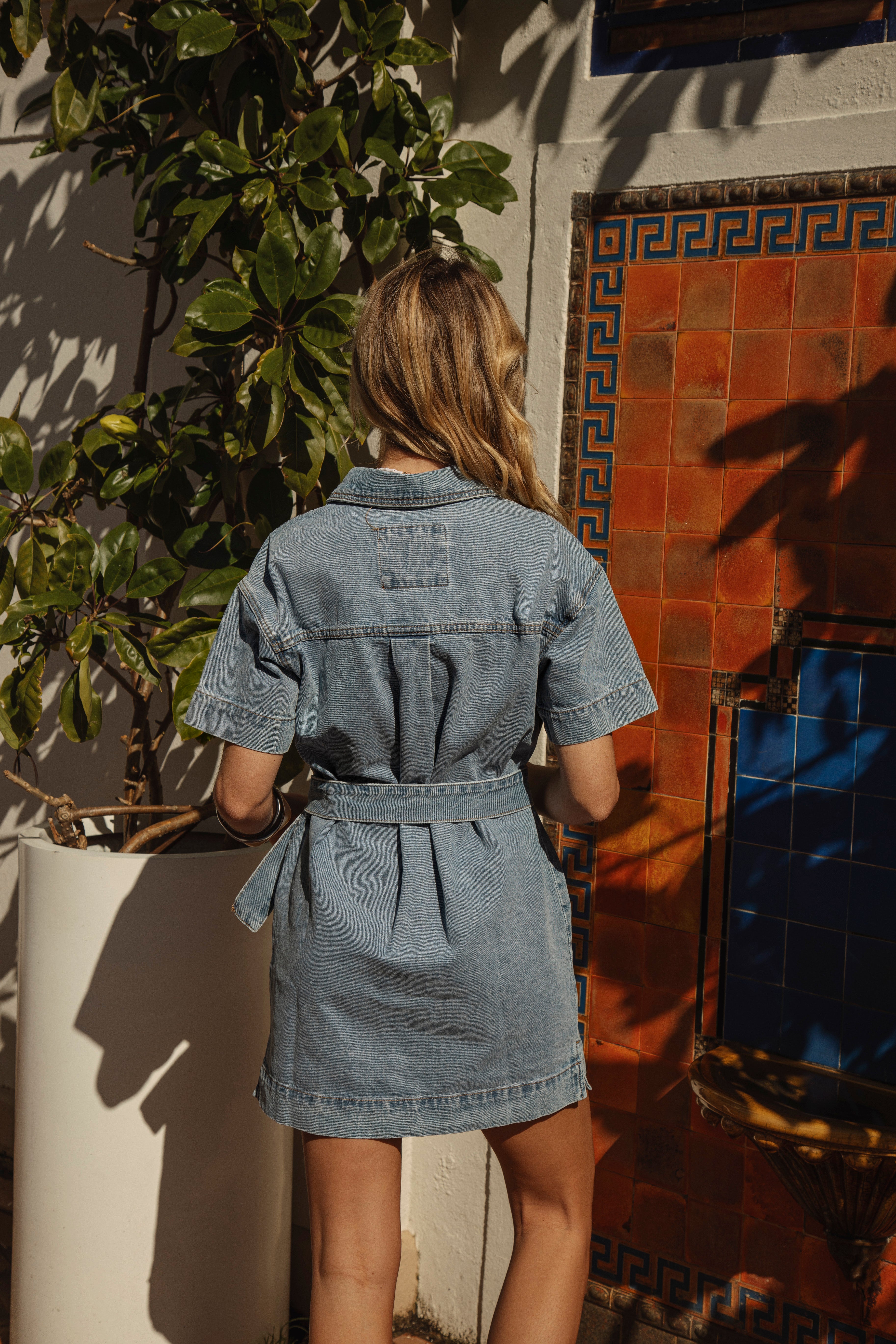 Naya Belted Denim Mini Dress Rear View