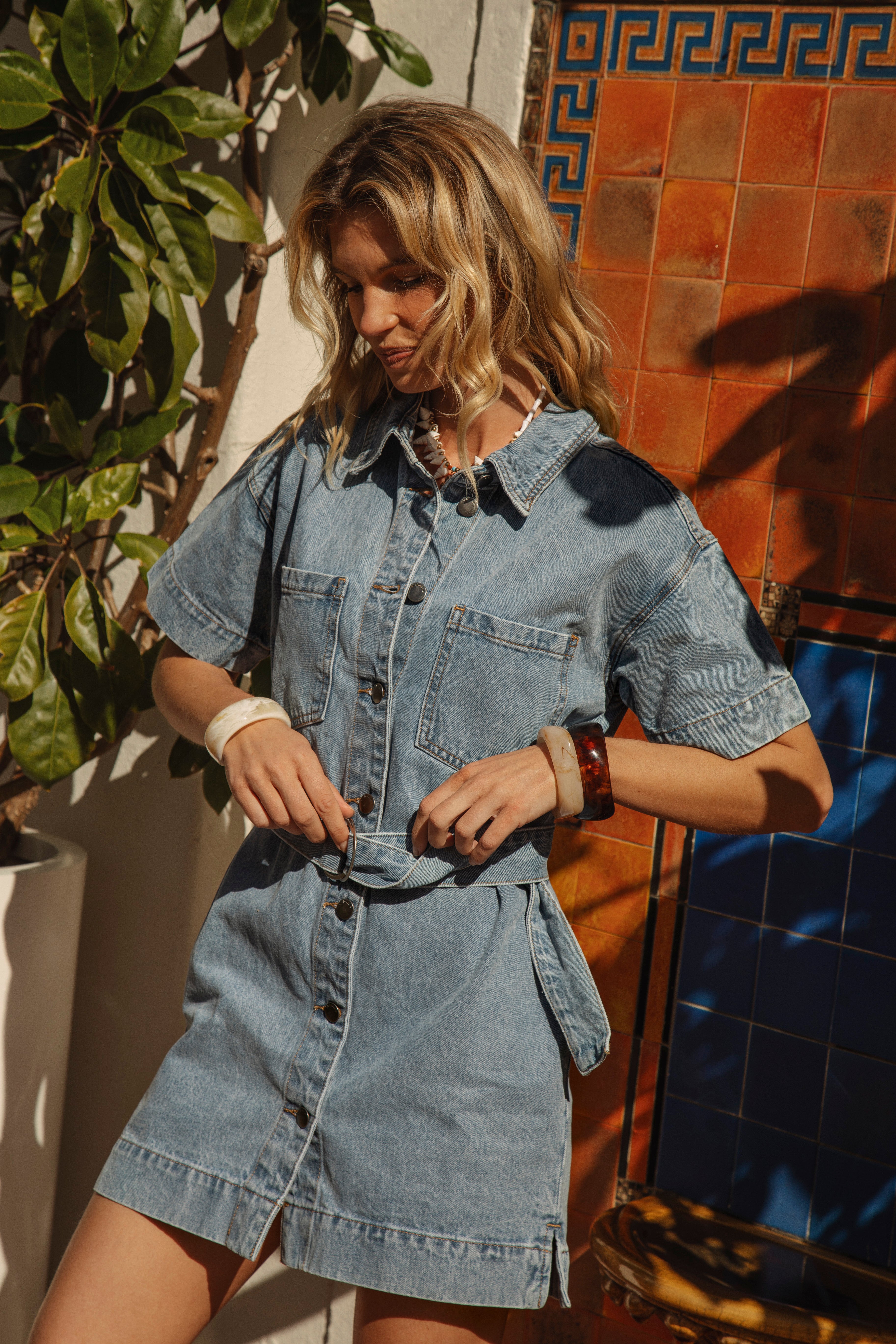 Naya Belted Denim Mini Dresss