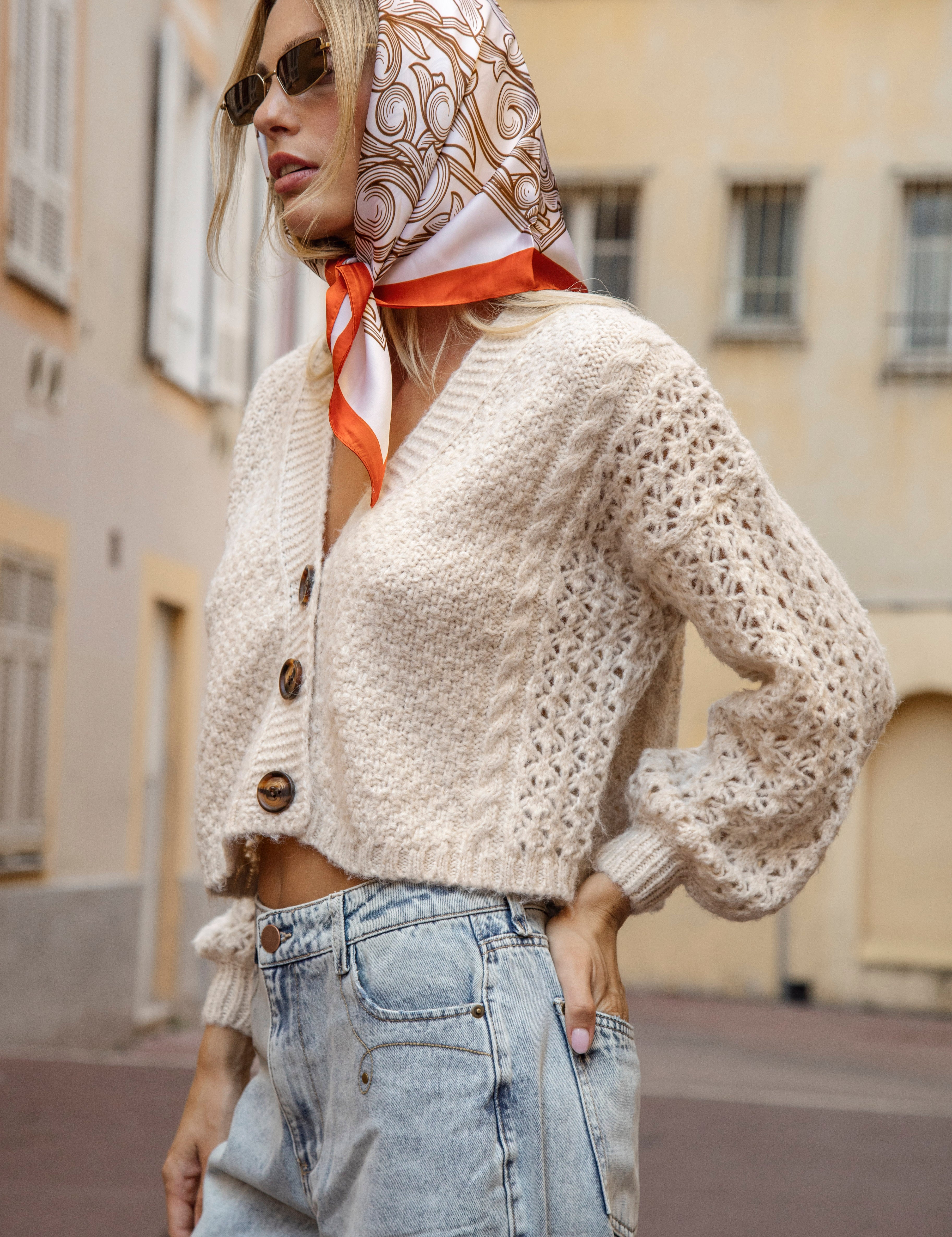 Odette Cardigan in cream with statement tortoiseshell buttons