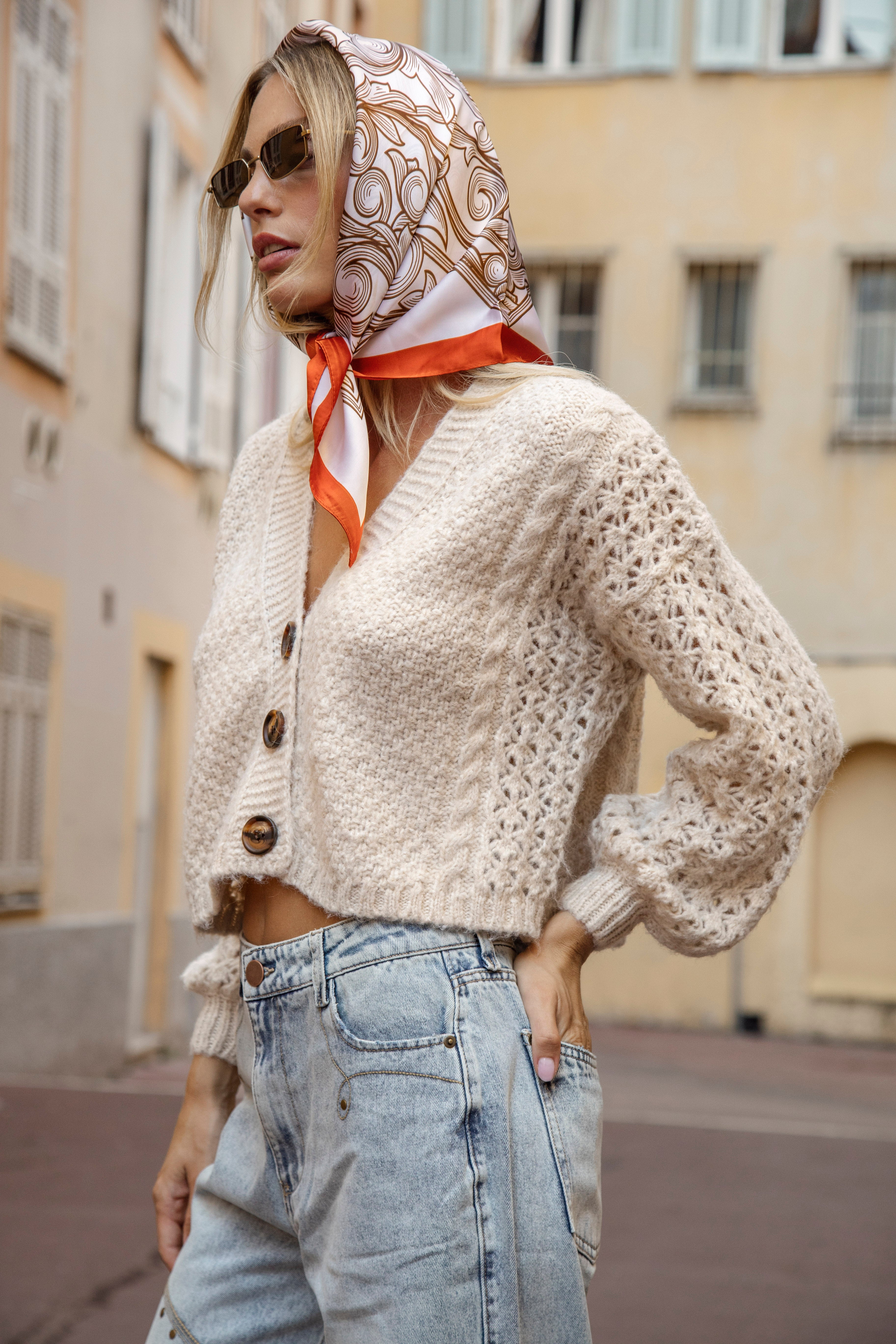 Odette Cardigan in cream with statement tortoiseshell buttons