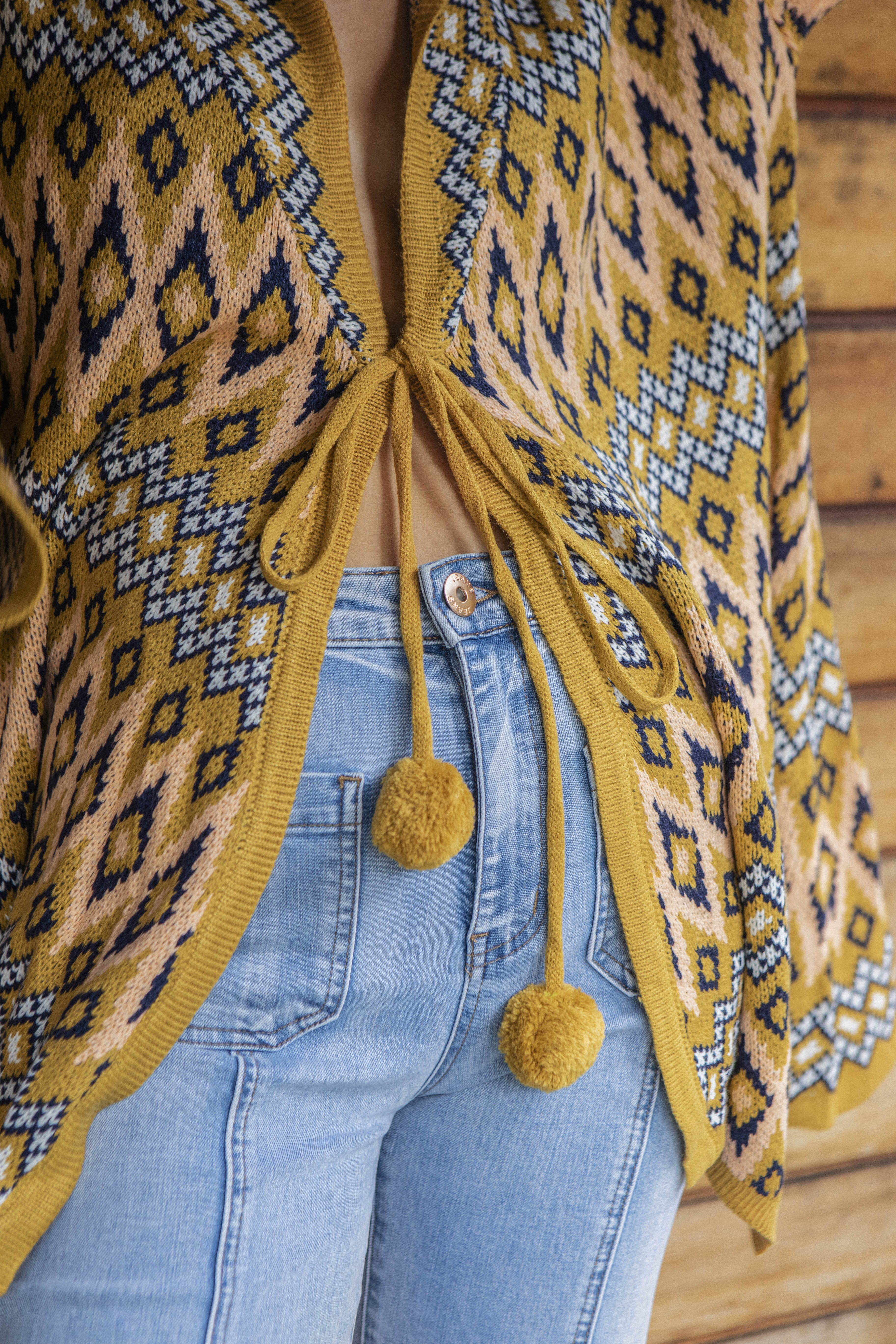 One Love Hooded Cardi Aztec - showcasing Aztec pattern and tie detail.