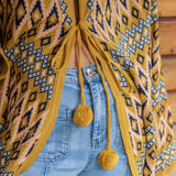 One Love Hooded Cardi Aztec - showcasing Aztec pattern and tie detail.