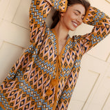 One Love Hooded Cardi Aztec featuring Aztec inspired geometric pattern in mustard tones