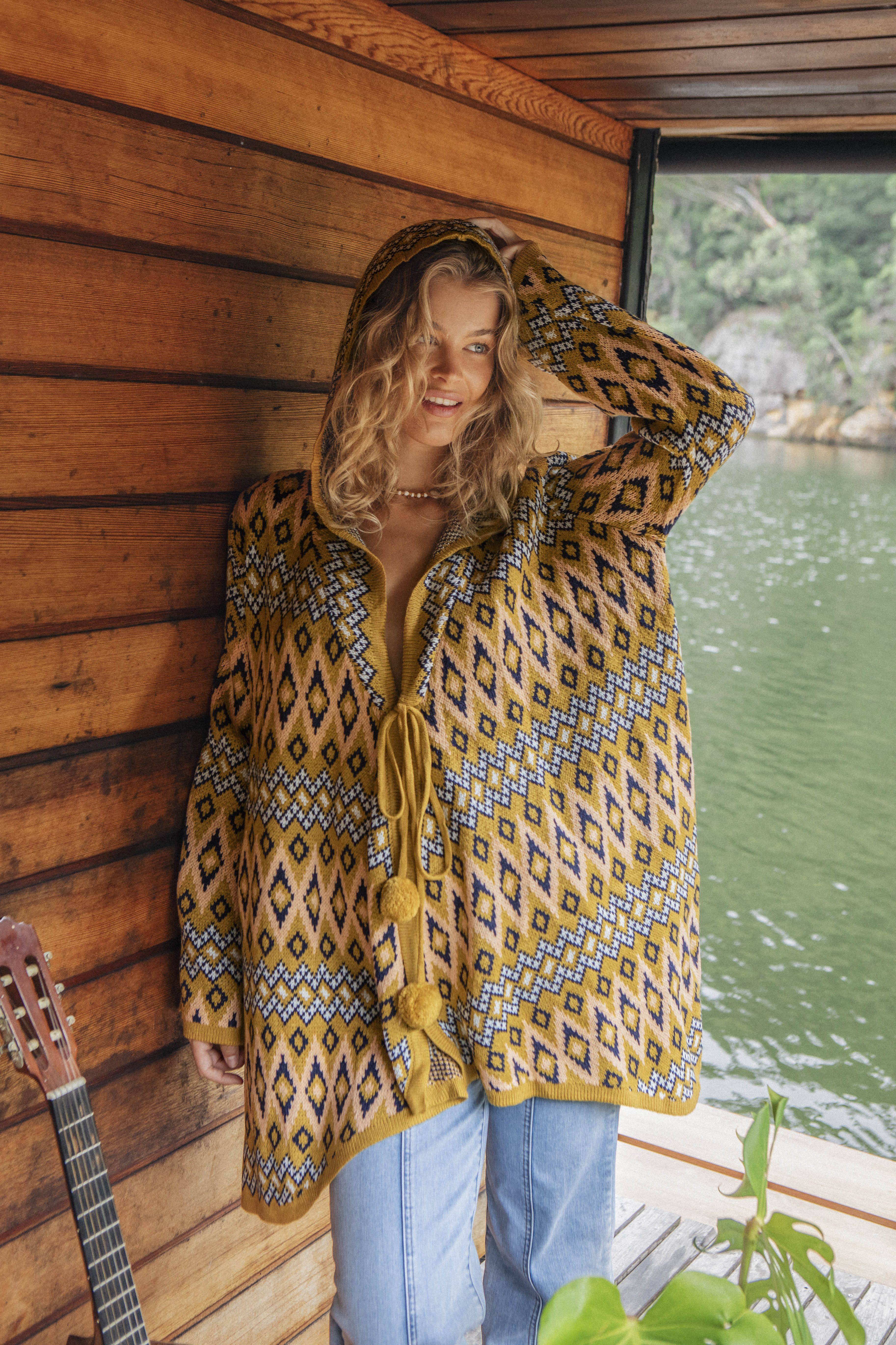 One Love Hooded Cardigan Aztec - longline cardigan with hood featuring Aztec geometric pattern