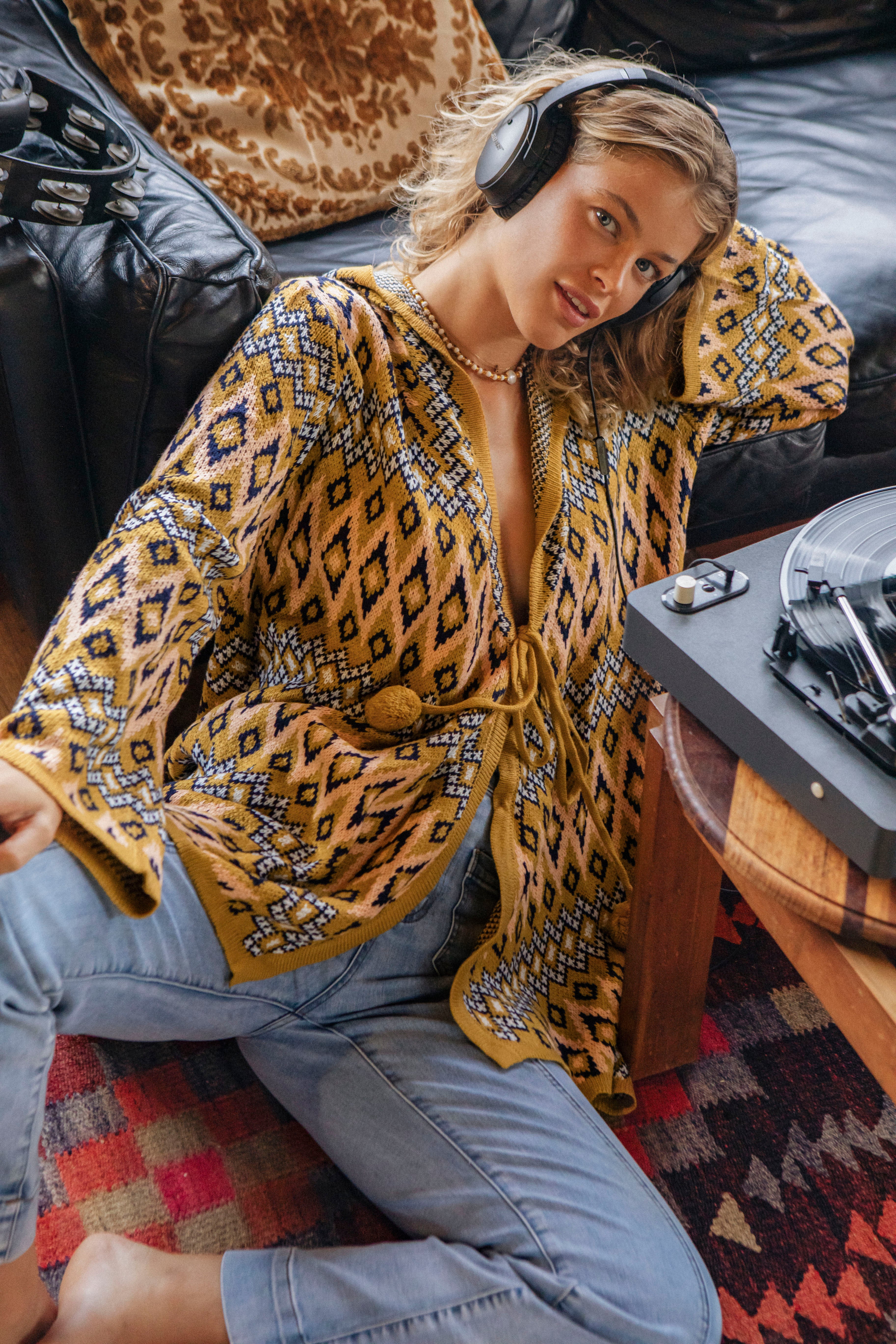 One Love Hooded Cardigan in Aztec print for casual wear