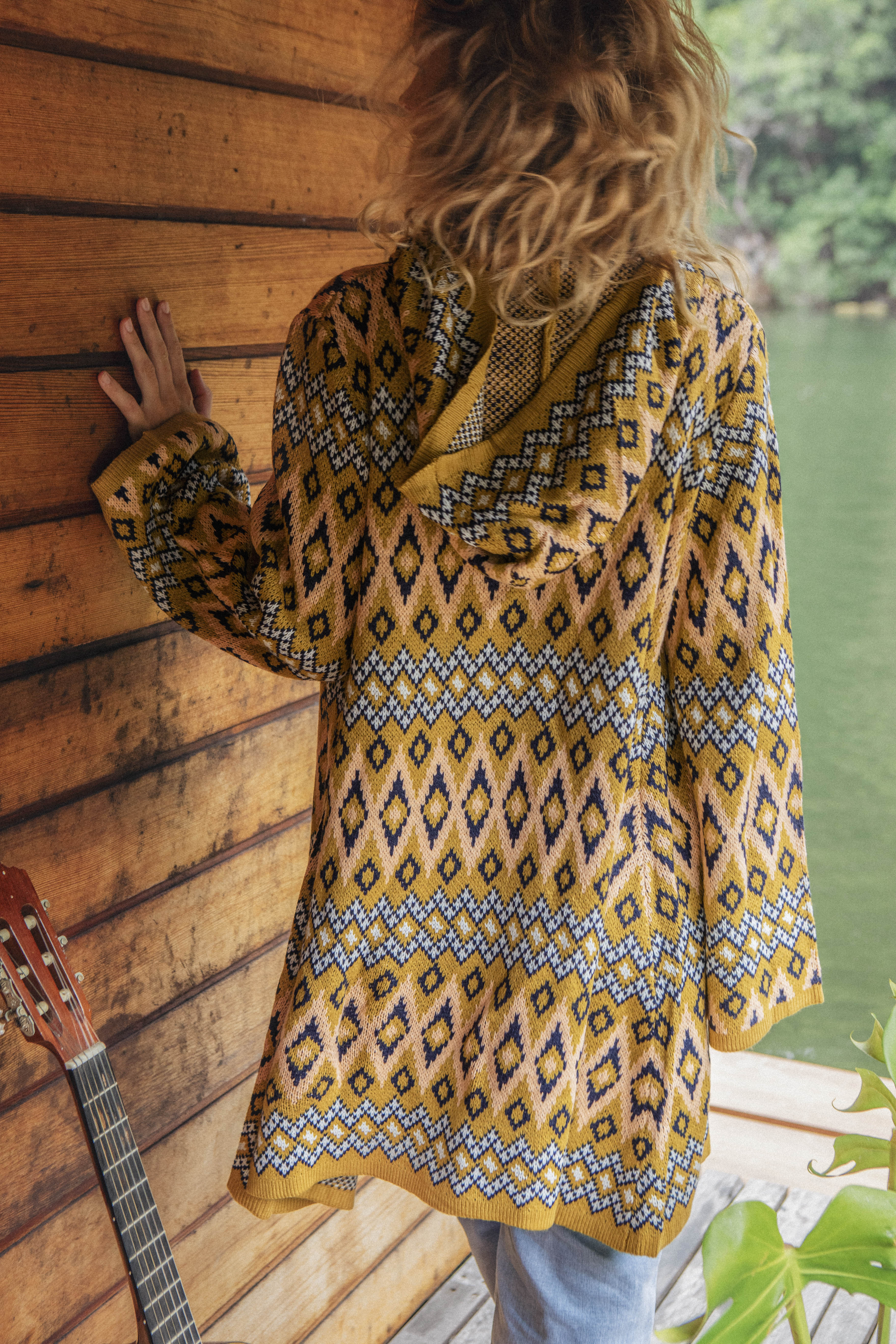 One Love Hooded Cardi Aztec - rear view showcasing hood