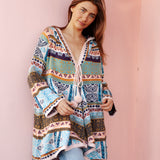 One Love Hooded Cardi Nomad - statement Boho cardigan featuring vibrant geometric inspired pattern