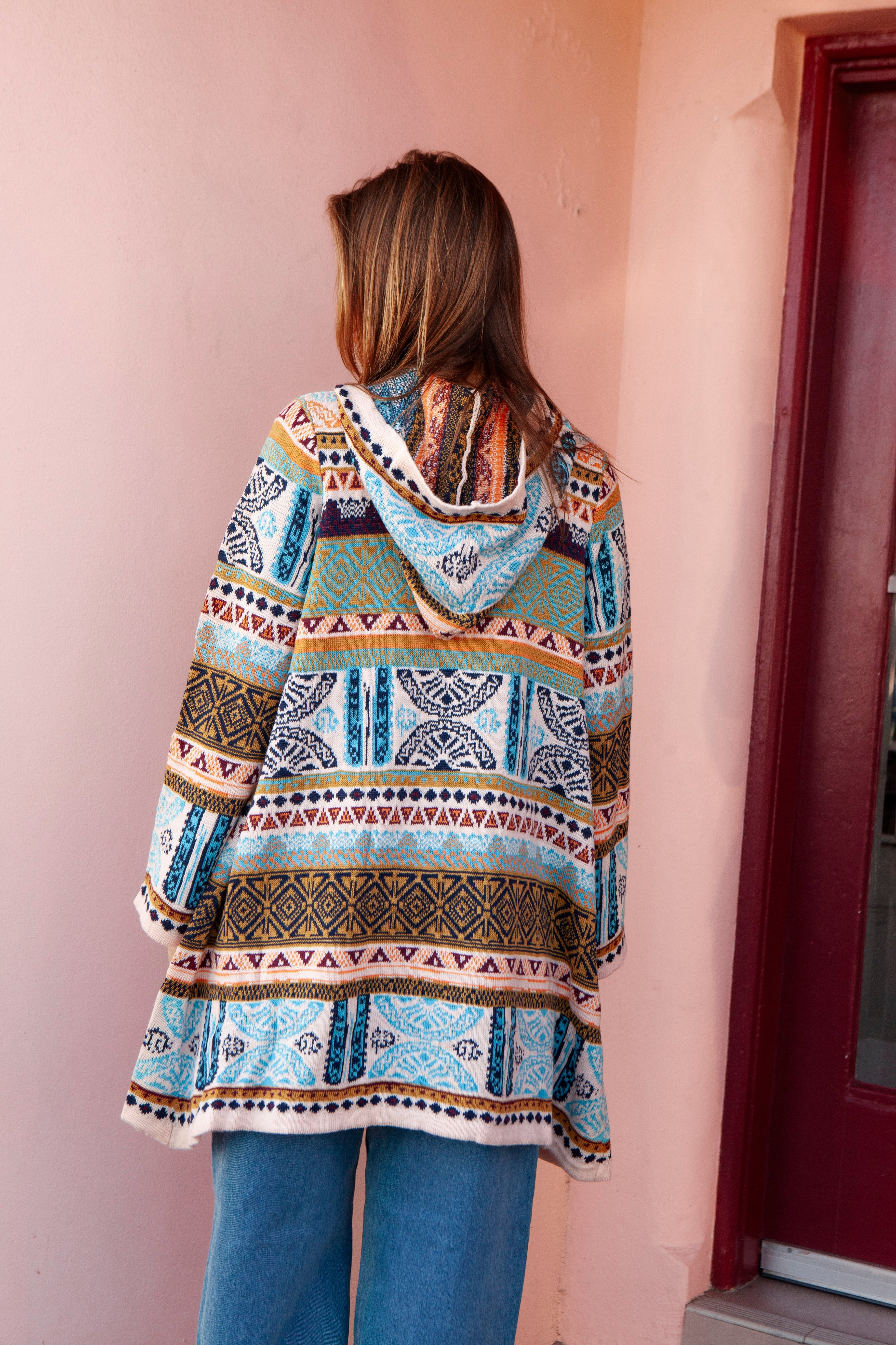 One Love Hooded Cardi Nomad - rear view showcasing Boho inspired pattern, oversized fit and hood.