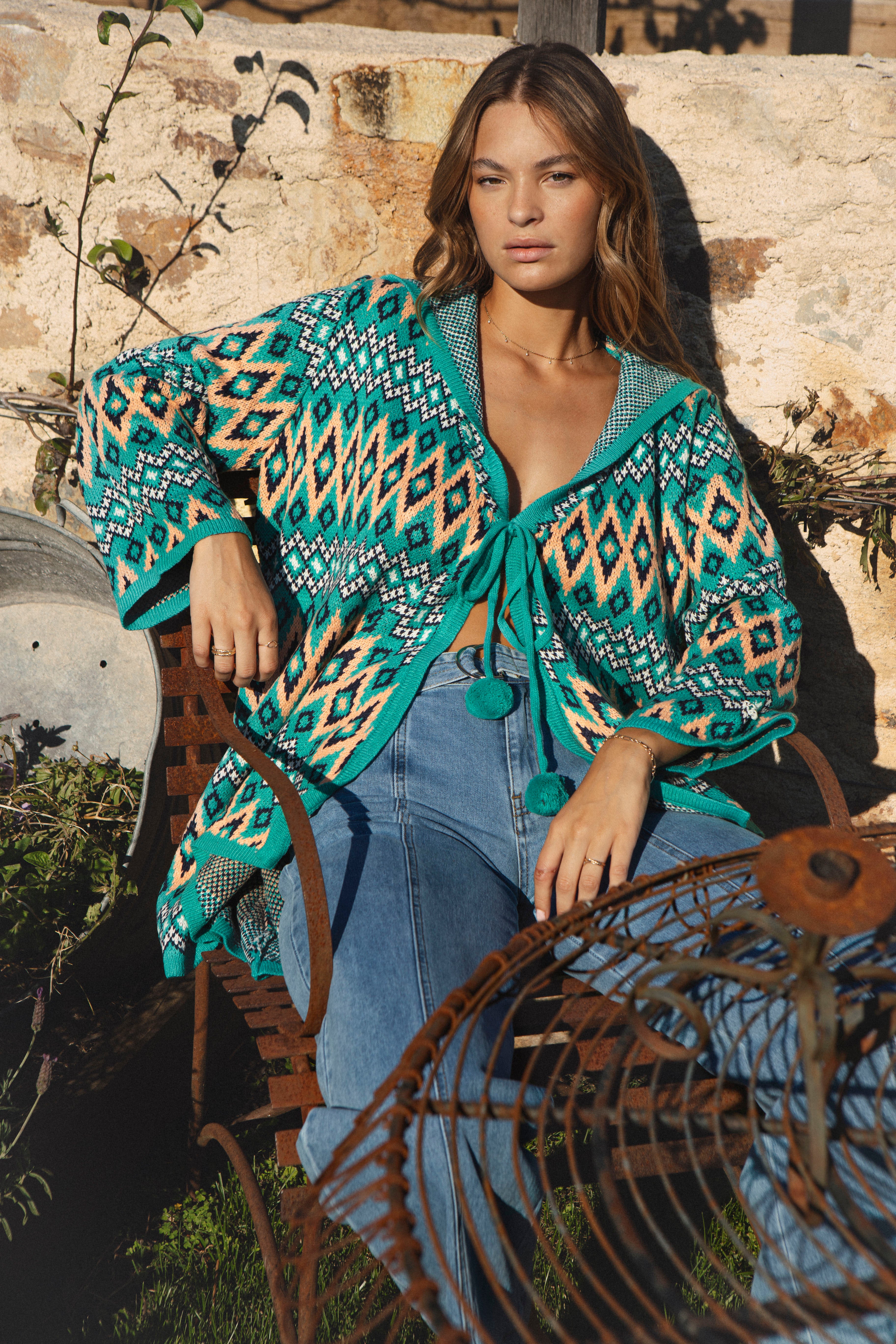 One Love Hooded Cardi Teal Aztec - is a longline hooded cardigan with Aztec pattern in turquoise colourway.