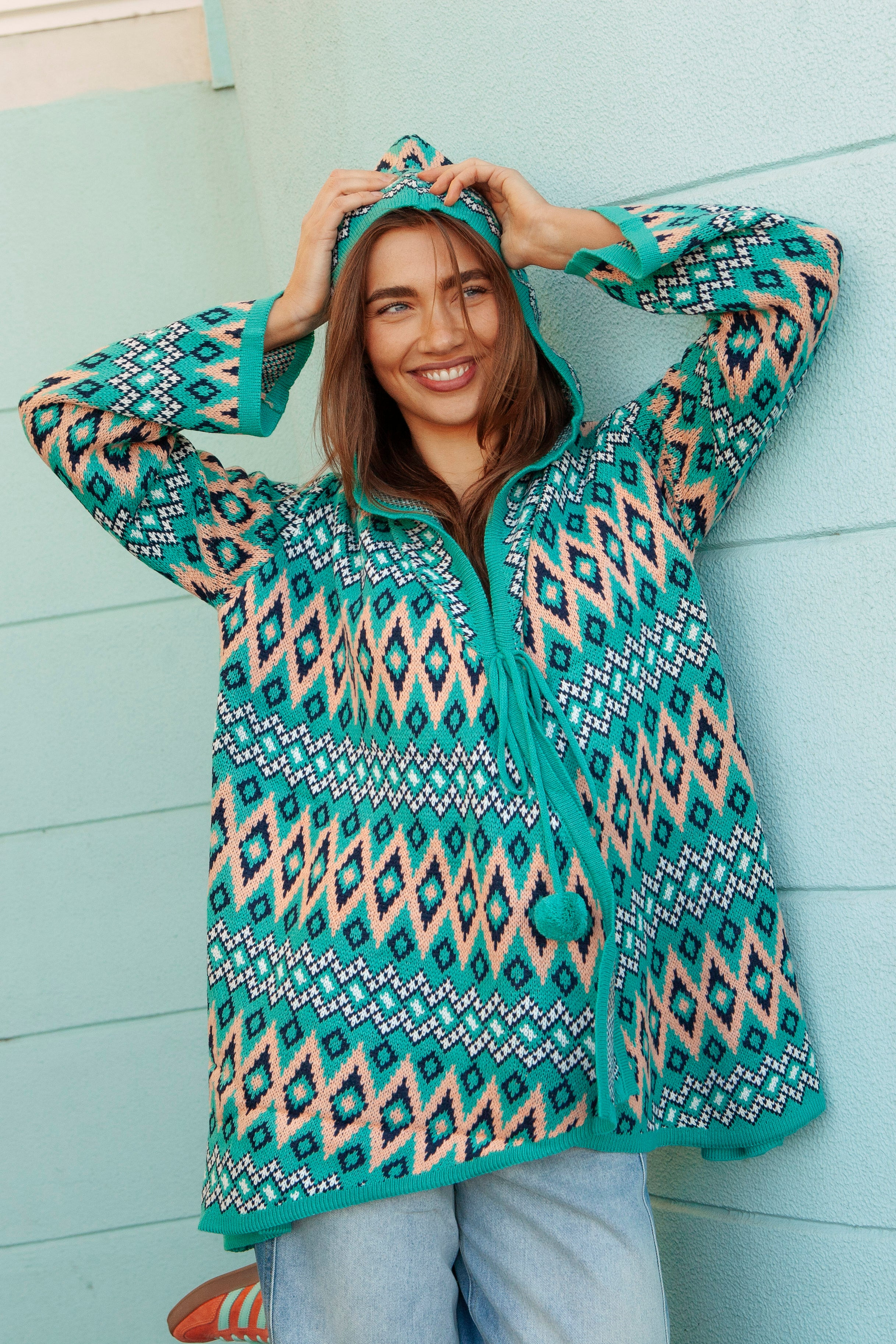 One Love Hooded Cardi - Teal Aztec. Statement knit from Bella Boheme's Bondi Boulevard collection