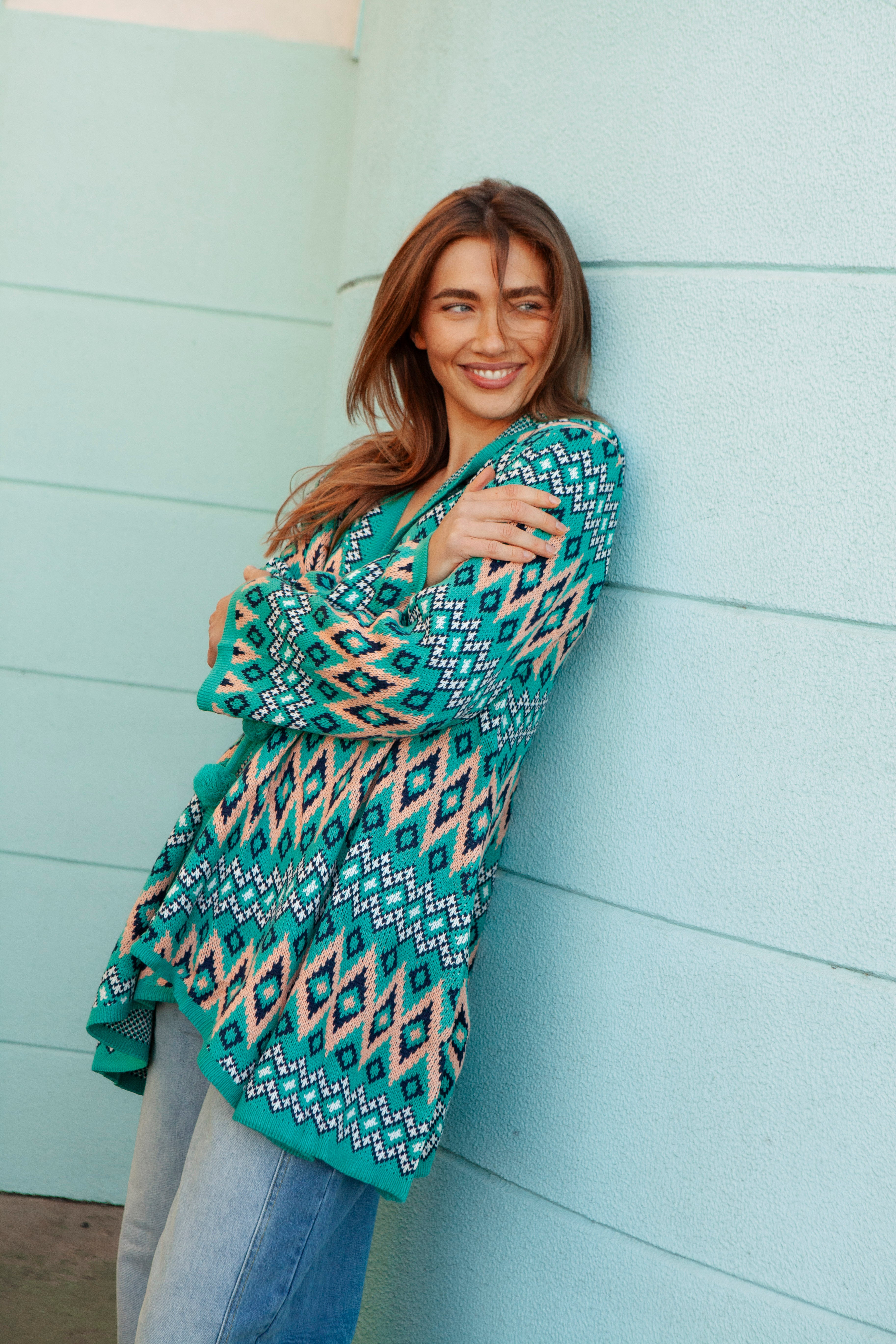 One Love Hooded Cardi Teal Aztec - featuring tie closure and geometric pattern