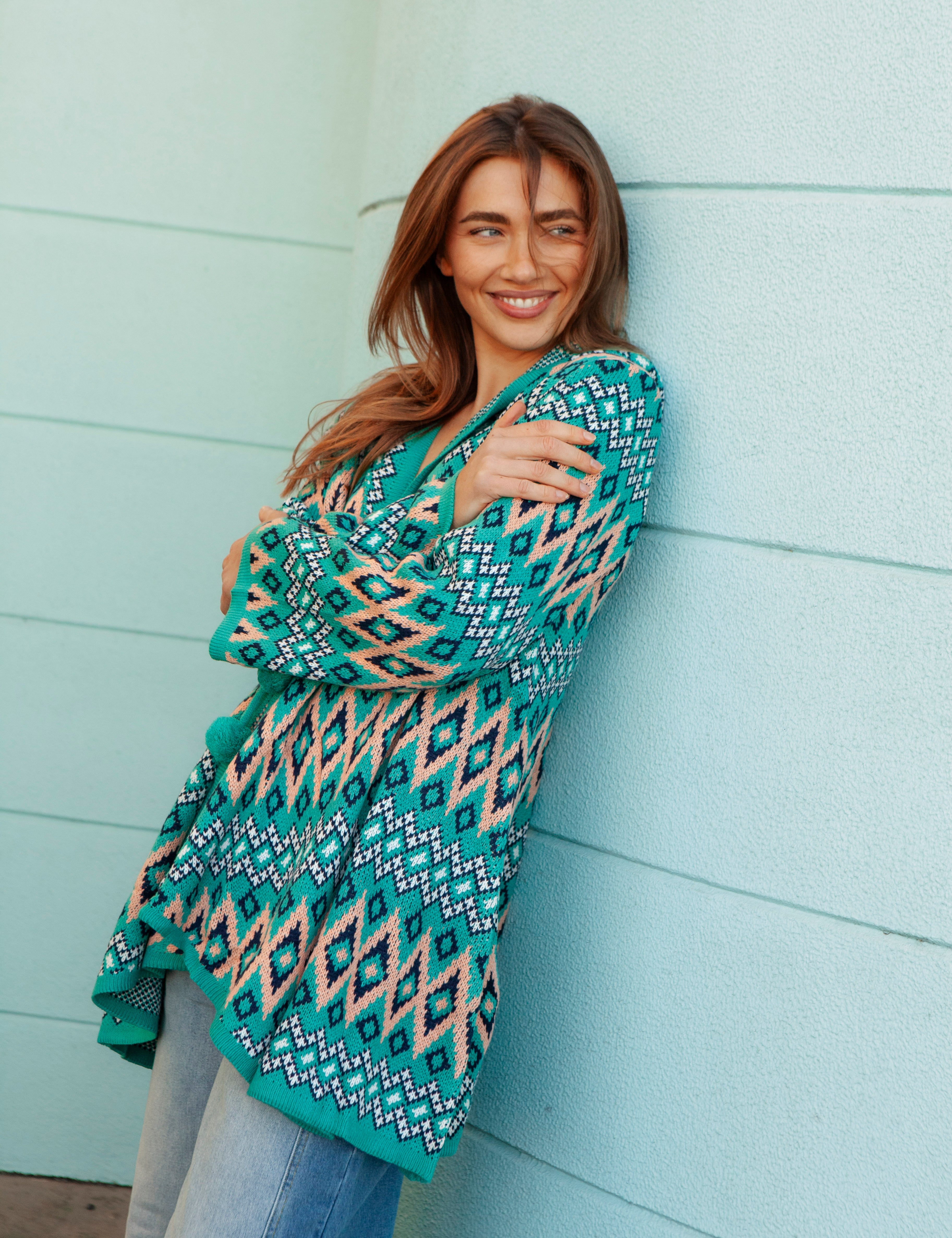 One Love Hooded Cardi Teal Aztec - featuring tie closure and geometric pattern