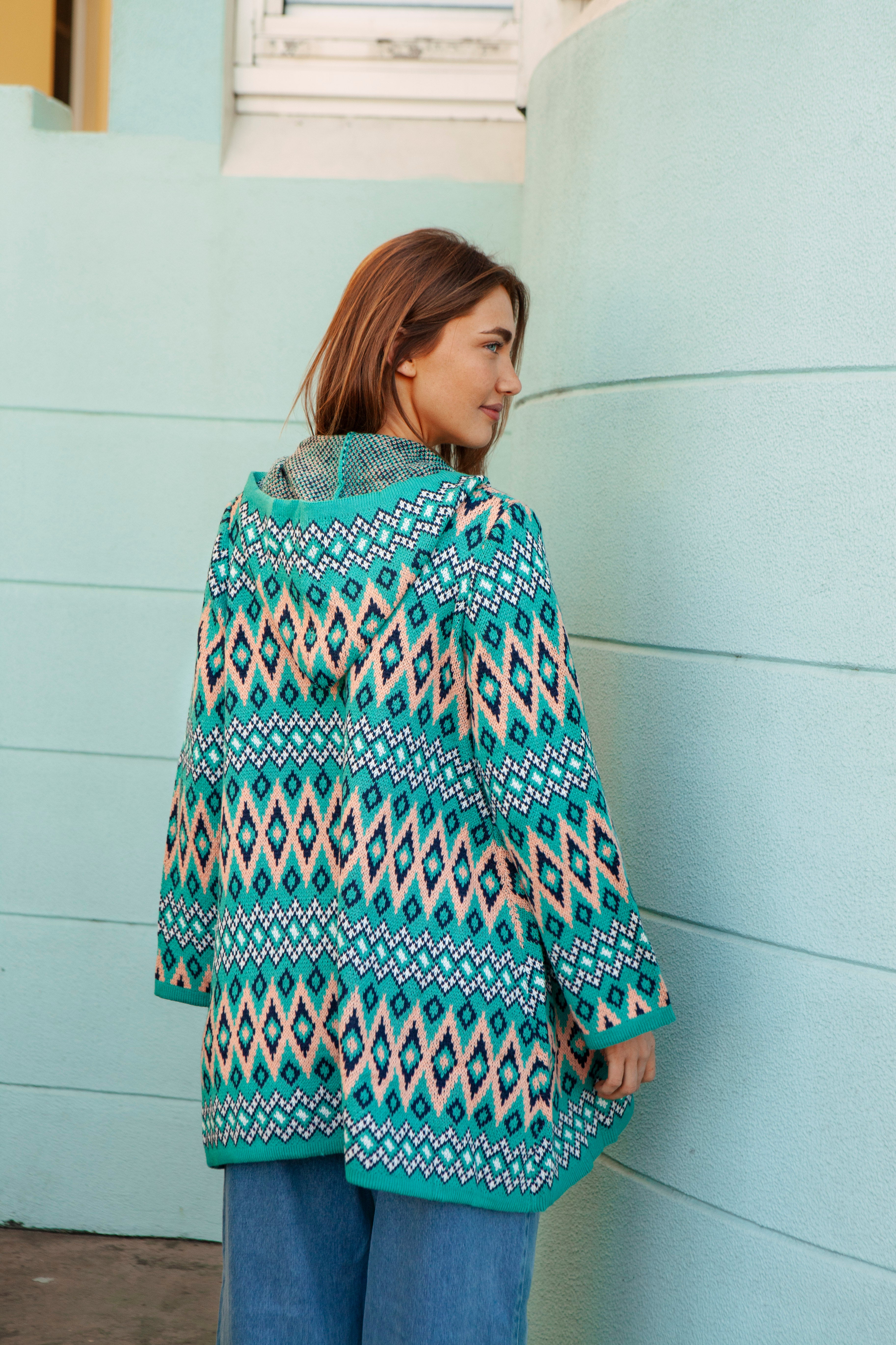 One Love Hooded Cardi Teal Aztec - rear view showcasing oversized fit and hood