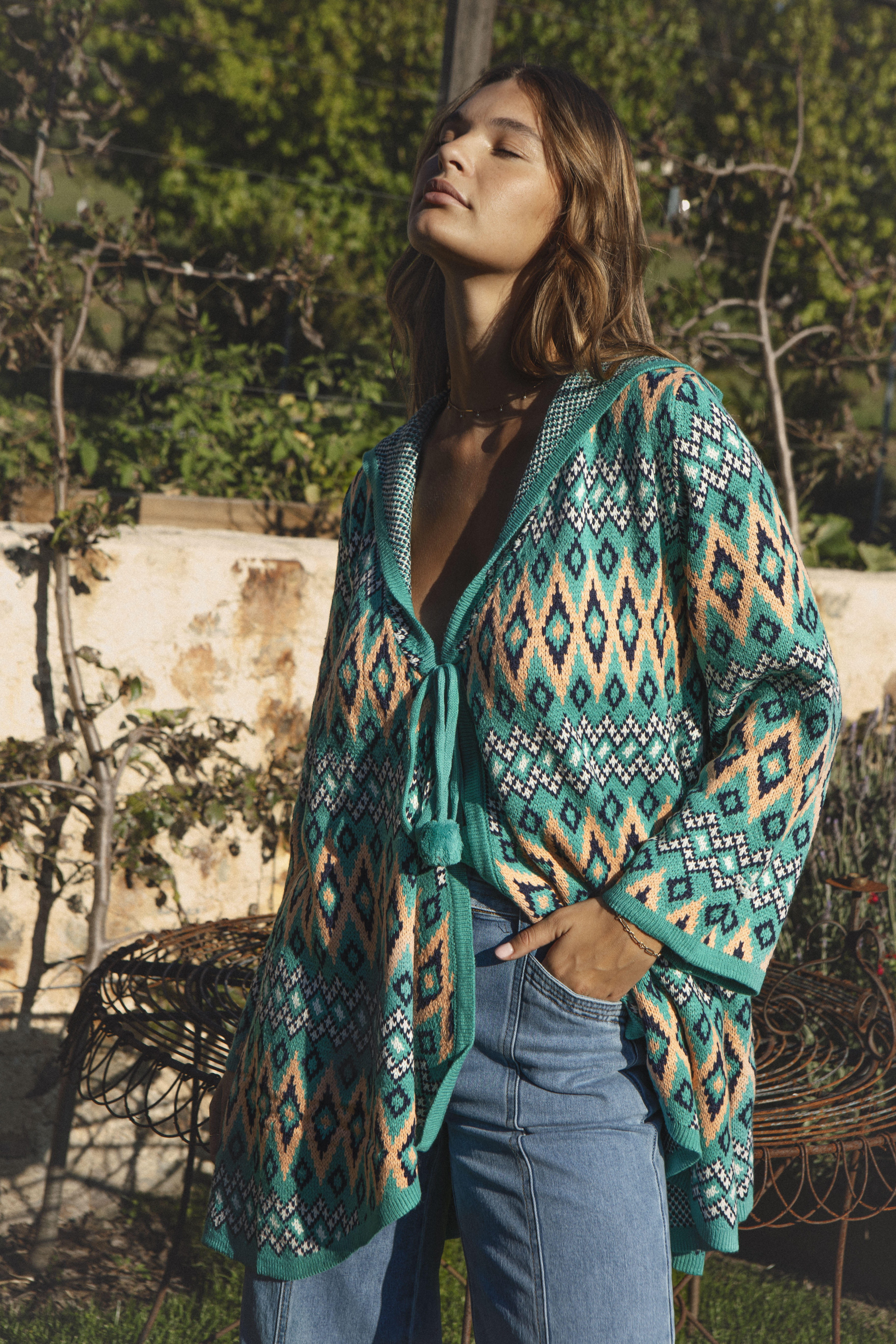 One Love Hooded Cardi Teal Aztec - front view.