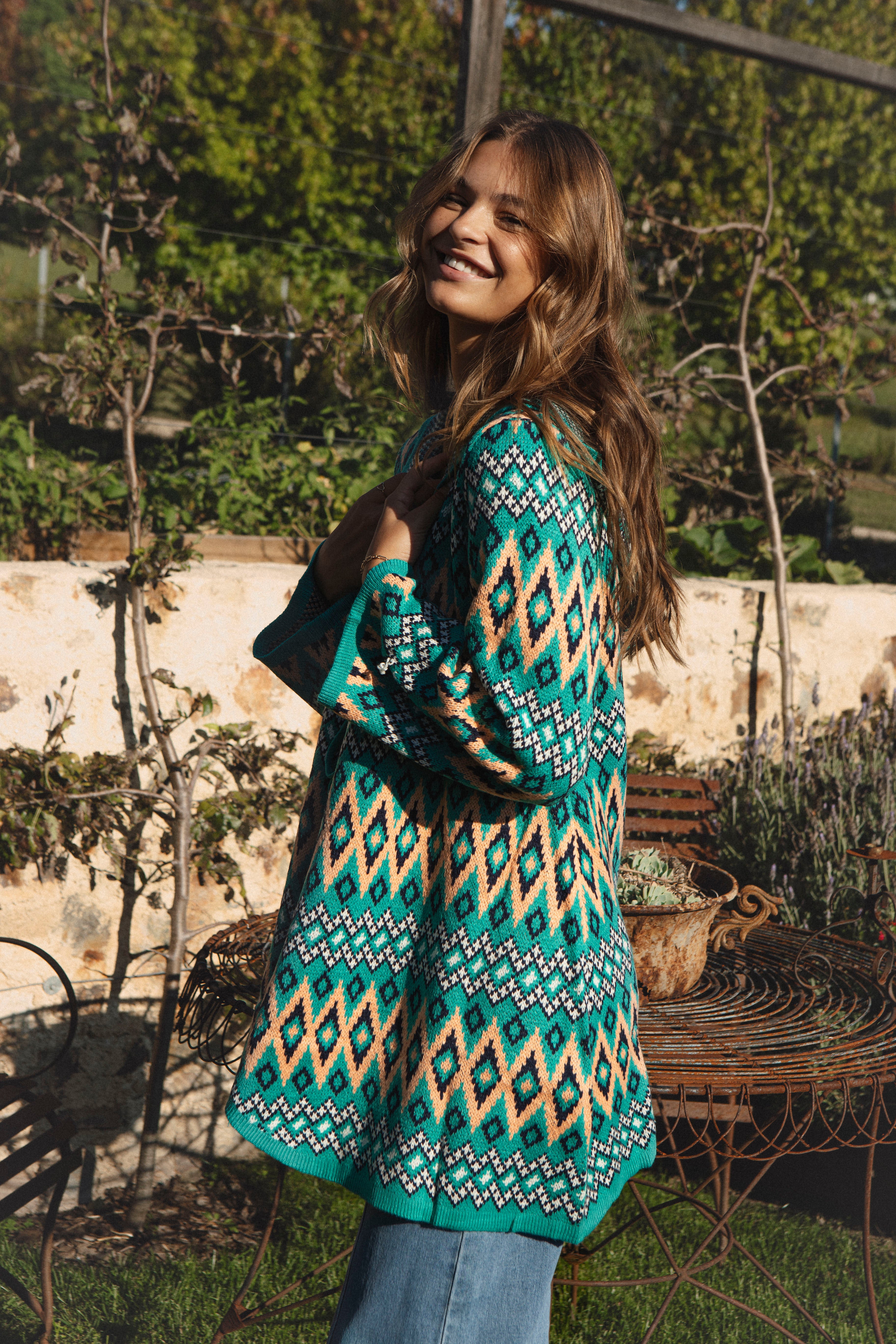 One Love Hooded Cardi Teal Aztec - side view.