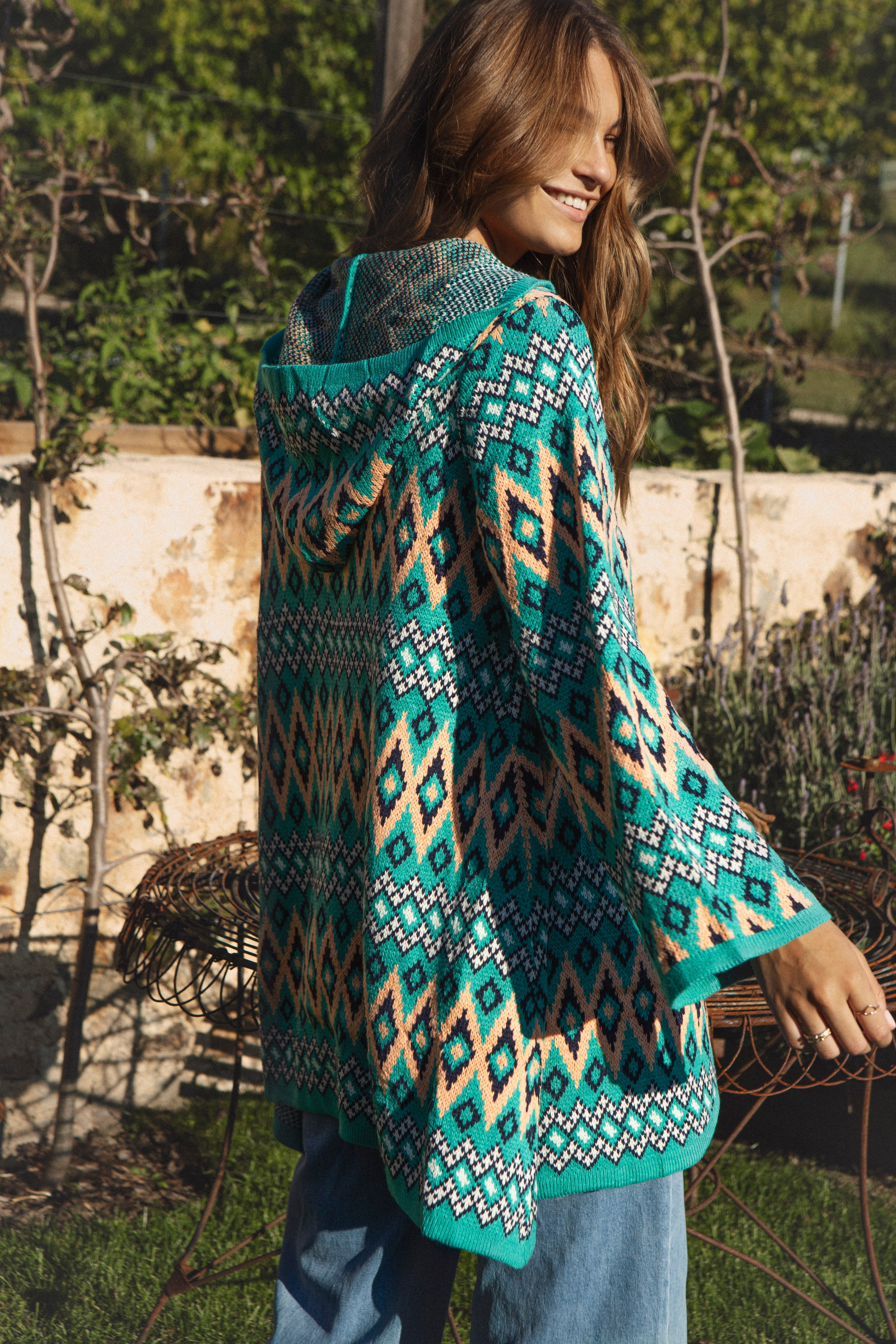 One Love Hooded Cardi Teal Aztec - rear view.