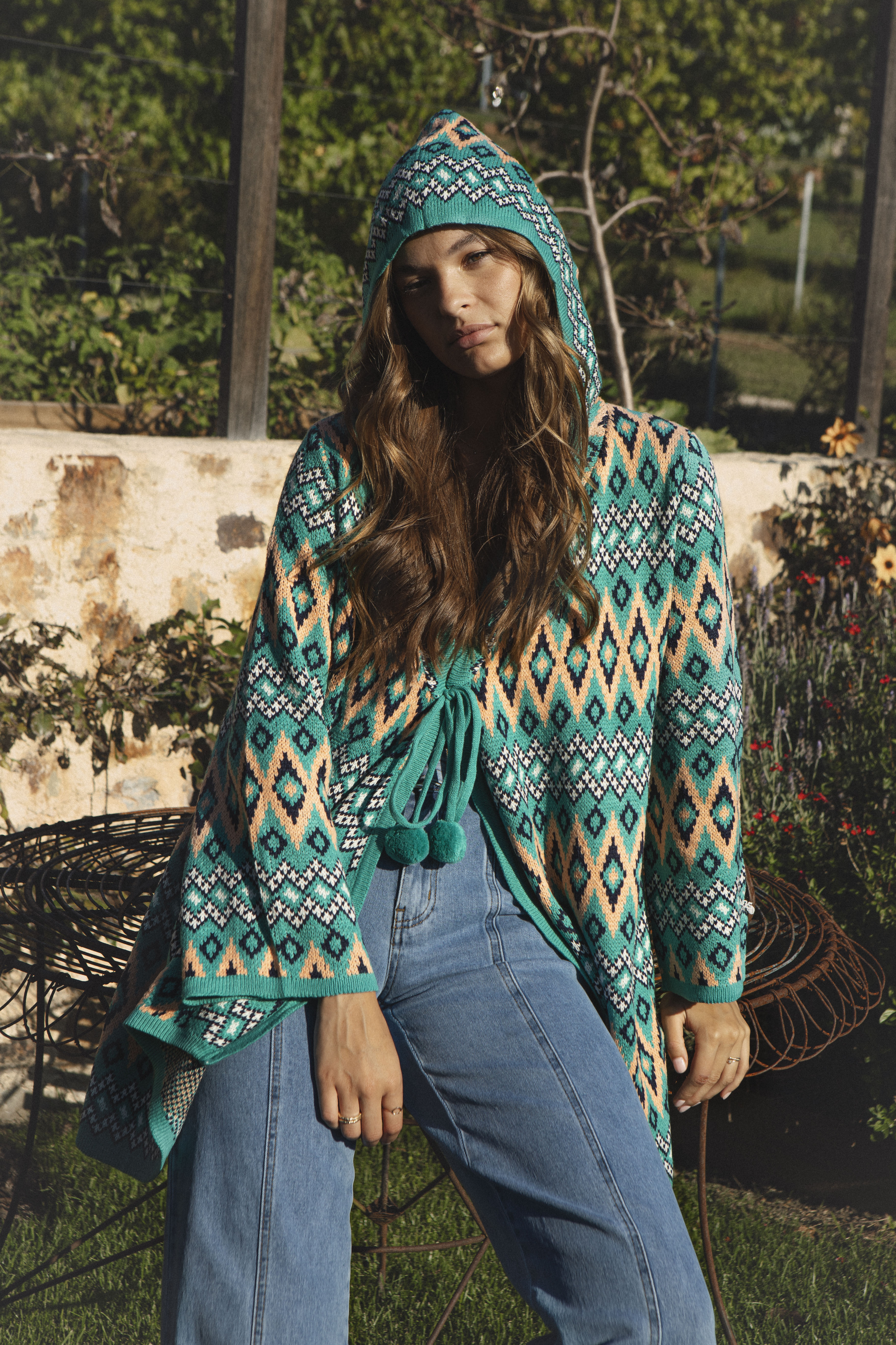 One Love Hooded Cardi Teal Aztec - hood showcase