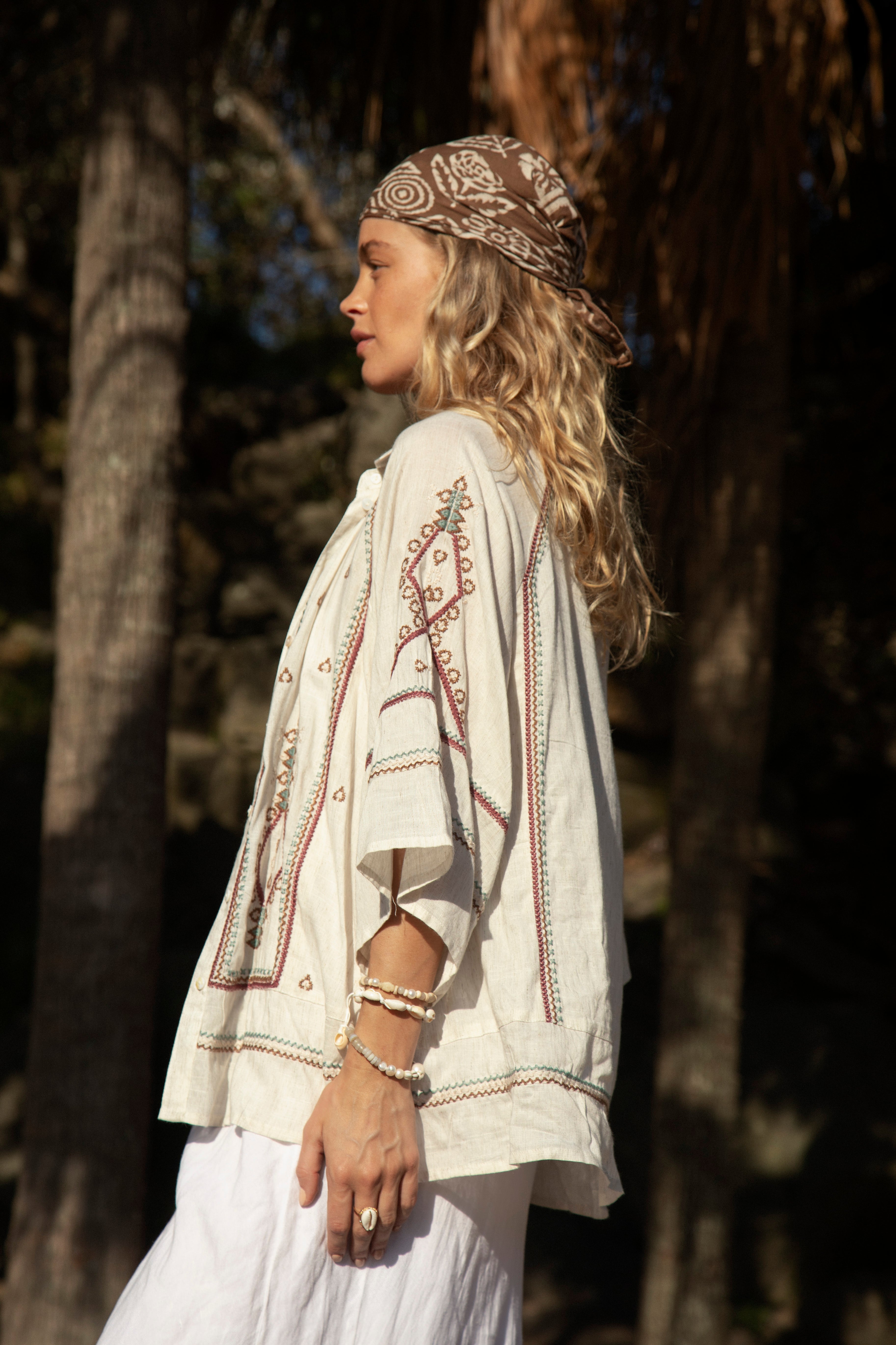 Palma Embroidered Shirt Shell features 3/4 length sleeves, an oversized fit and Aztec pattern.