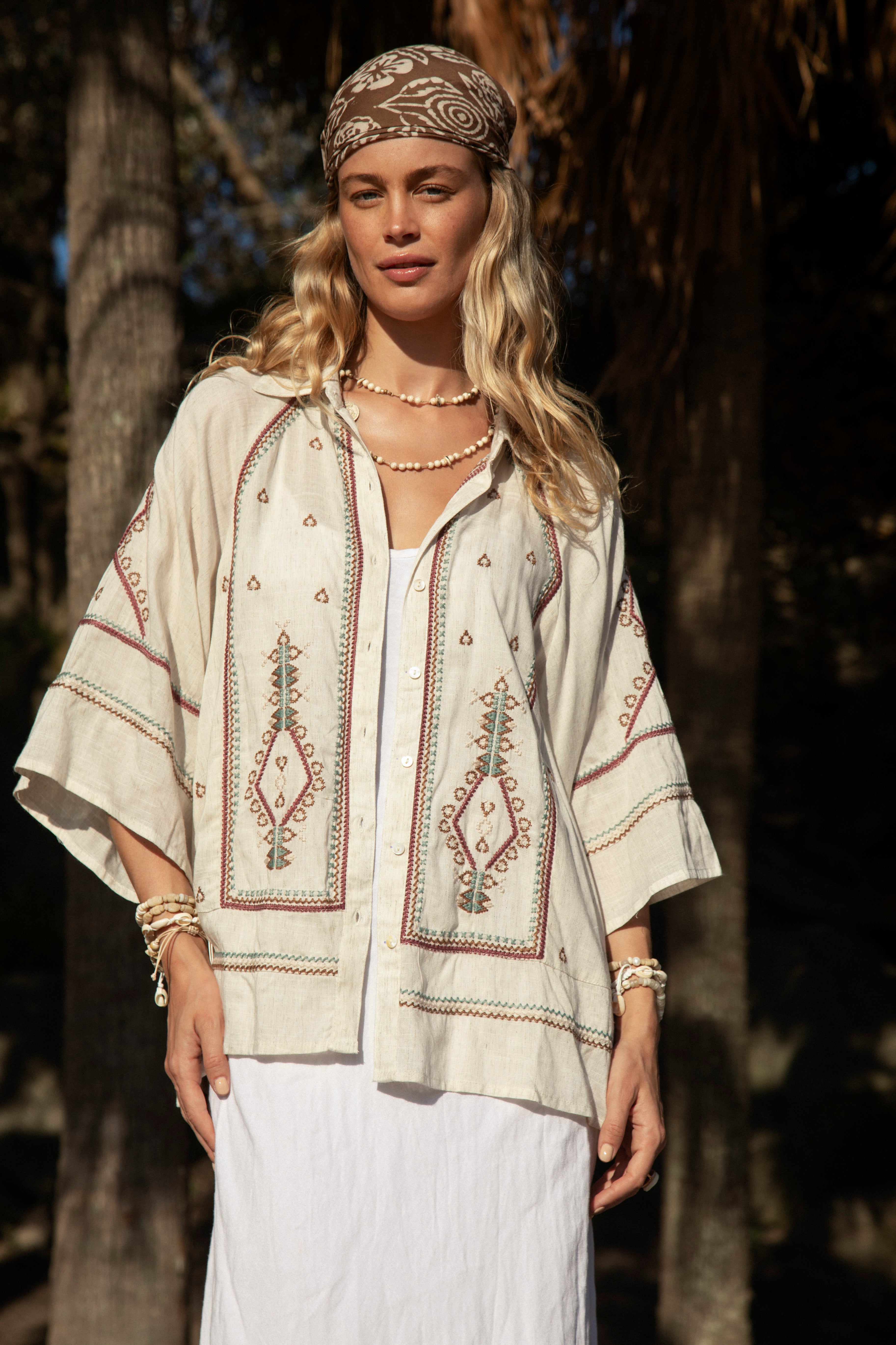 Palma Embroidered Shirt Shell worn as a jacket or overshirt, showcasing Aztec tribal embroidered pattern
