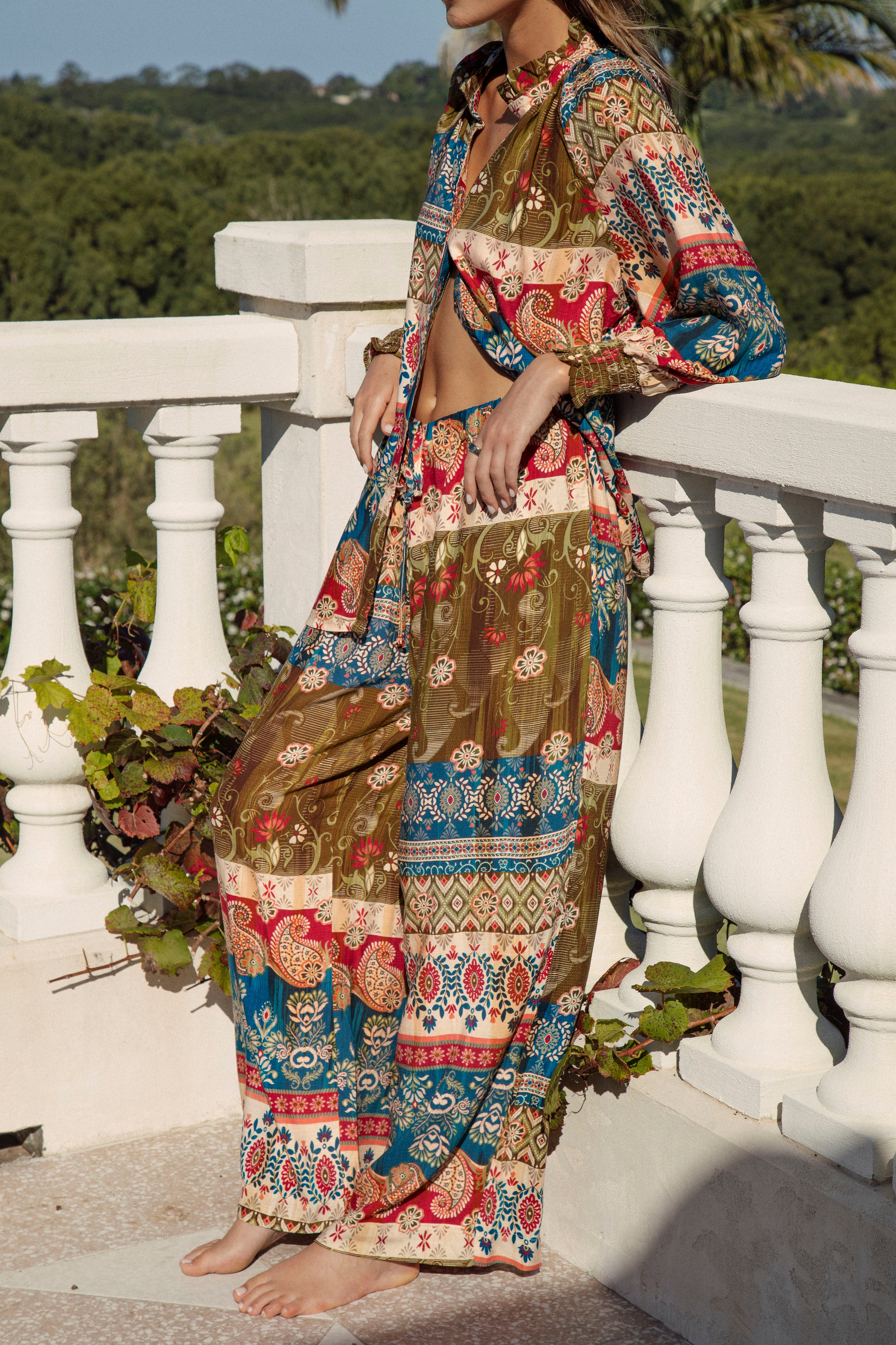 Paradise Pant Olea  - relaxed style pant with drawstring waist and Boho style pattern