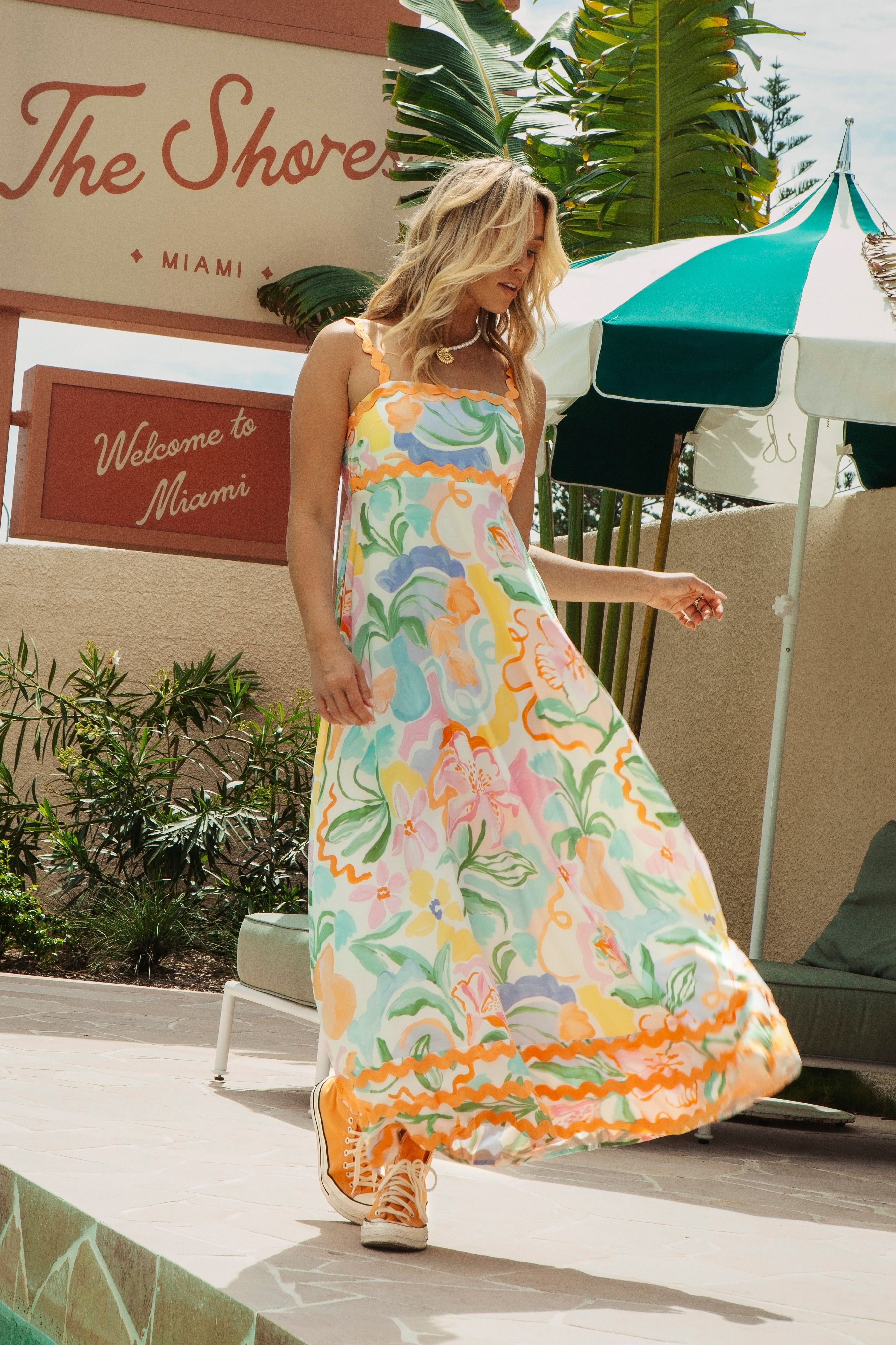 Paradise Punch Maxi Dress featuring pastel floral pattern and spaghetti straps