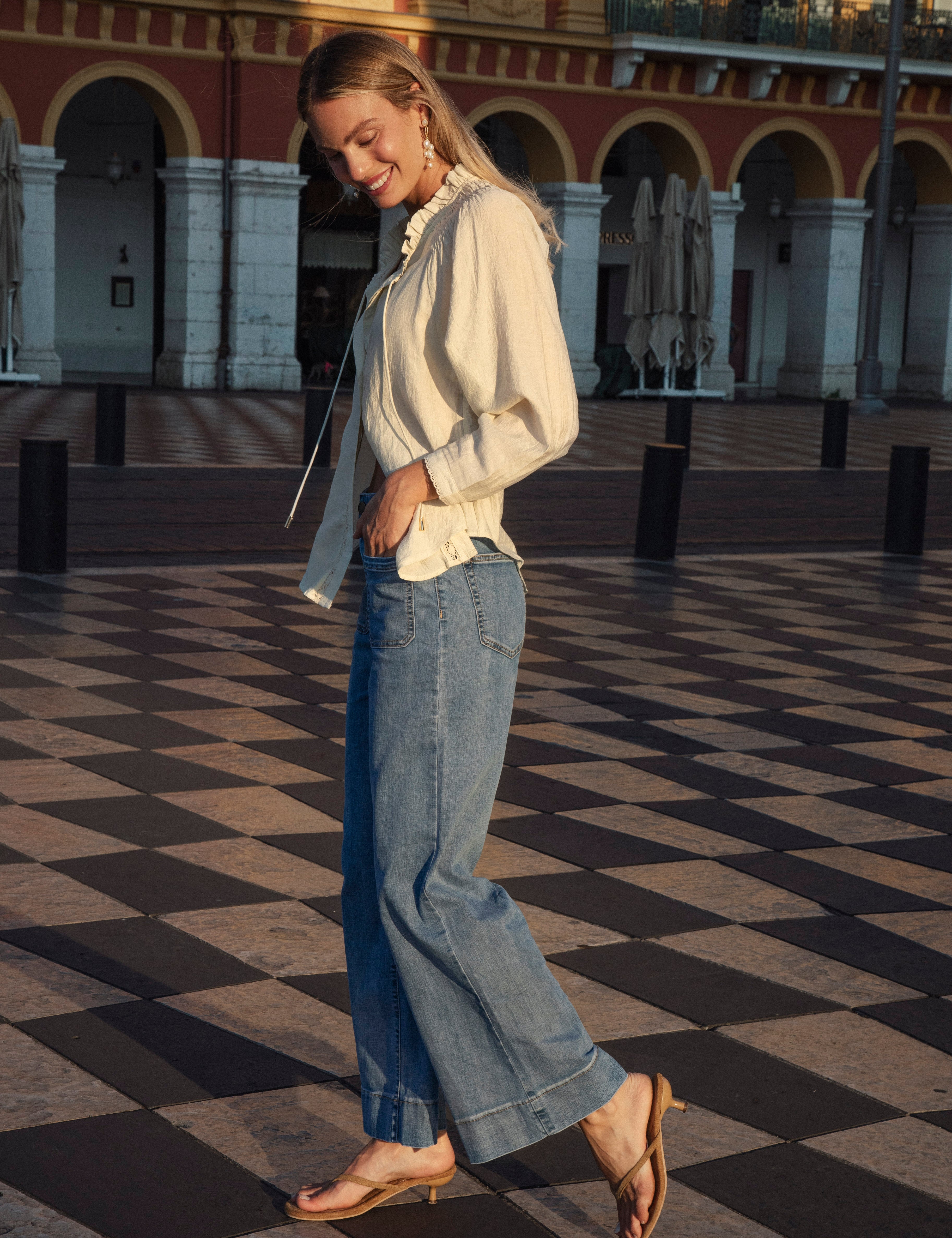 Paris Vintage Jean featuring statement square pockets at front and oversized hem