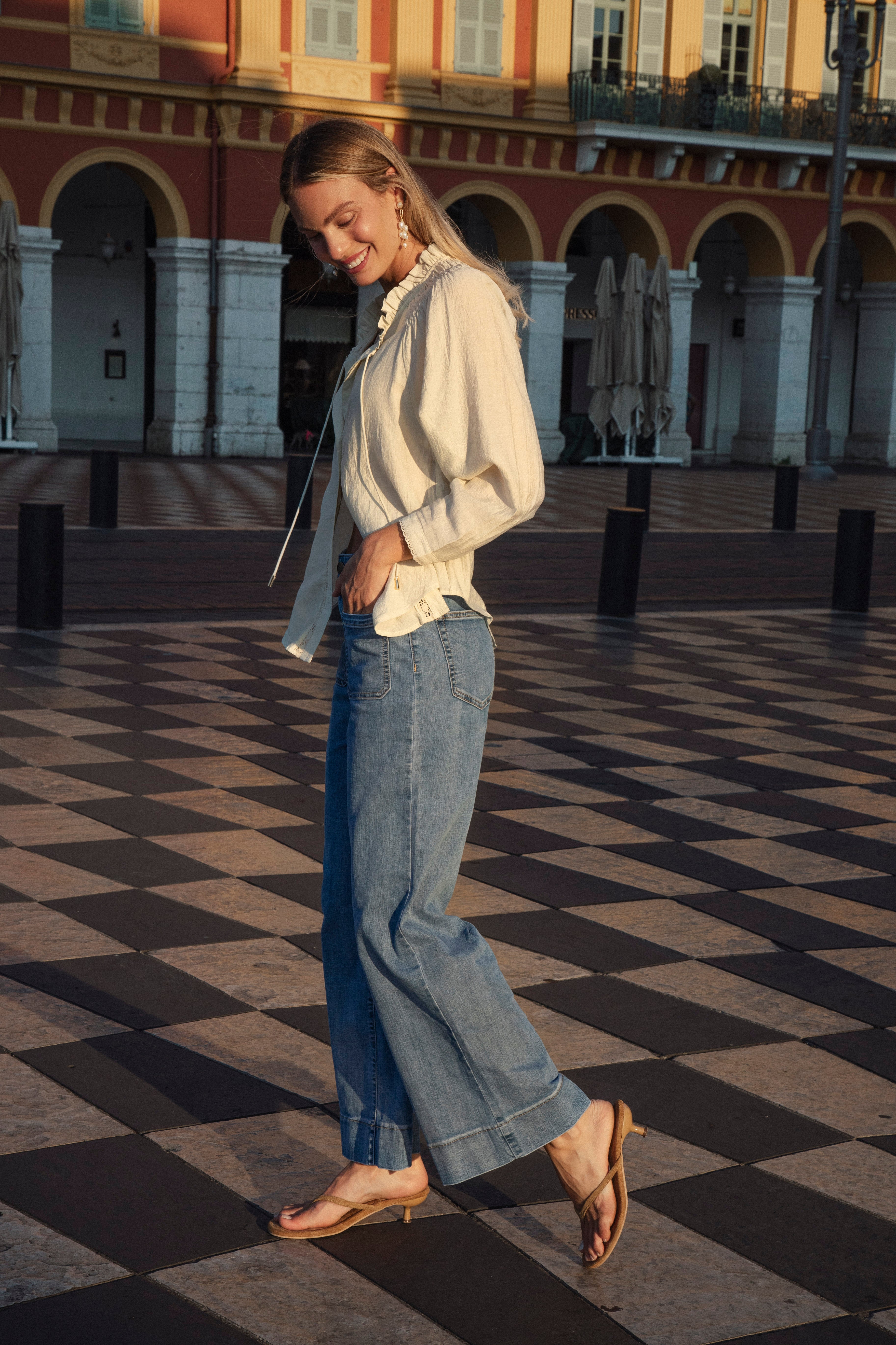 Paris Vintage Jean featuring statement square pockets at front and oversized hem