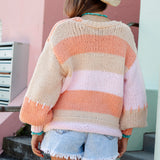 Pastel Bliss Cable Cardigan. Rear view showcasing striped pattern.