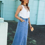 Penny Denim Skirt. Maxi length A-line denim skirt with frayed hem.