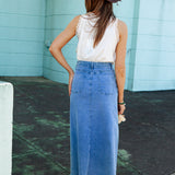 Penny Denim Skirt. Rear View. Mid wash denim.