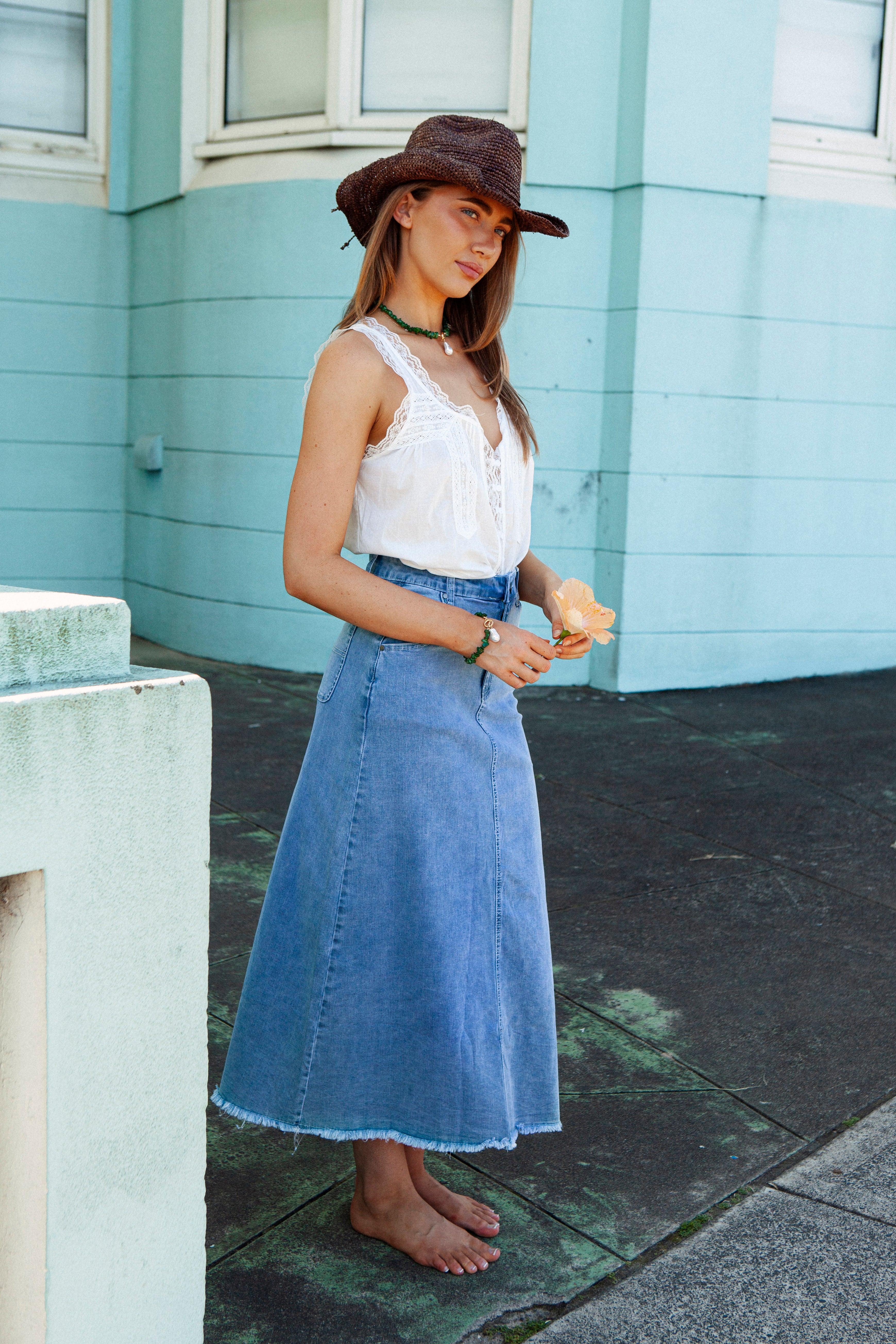 Penny Denim Skirt featuring A-line style.
