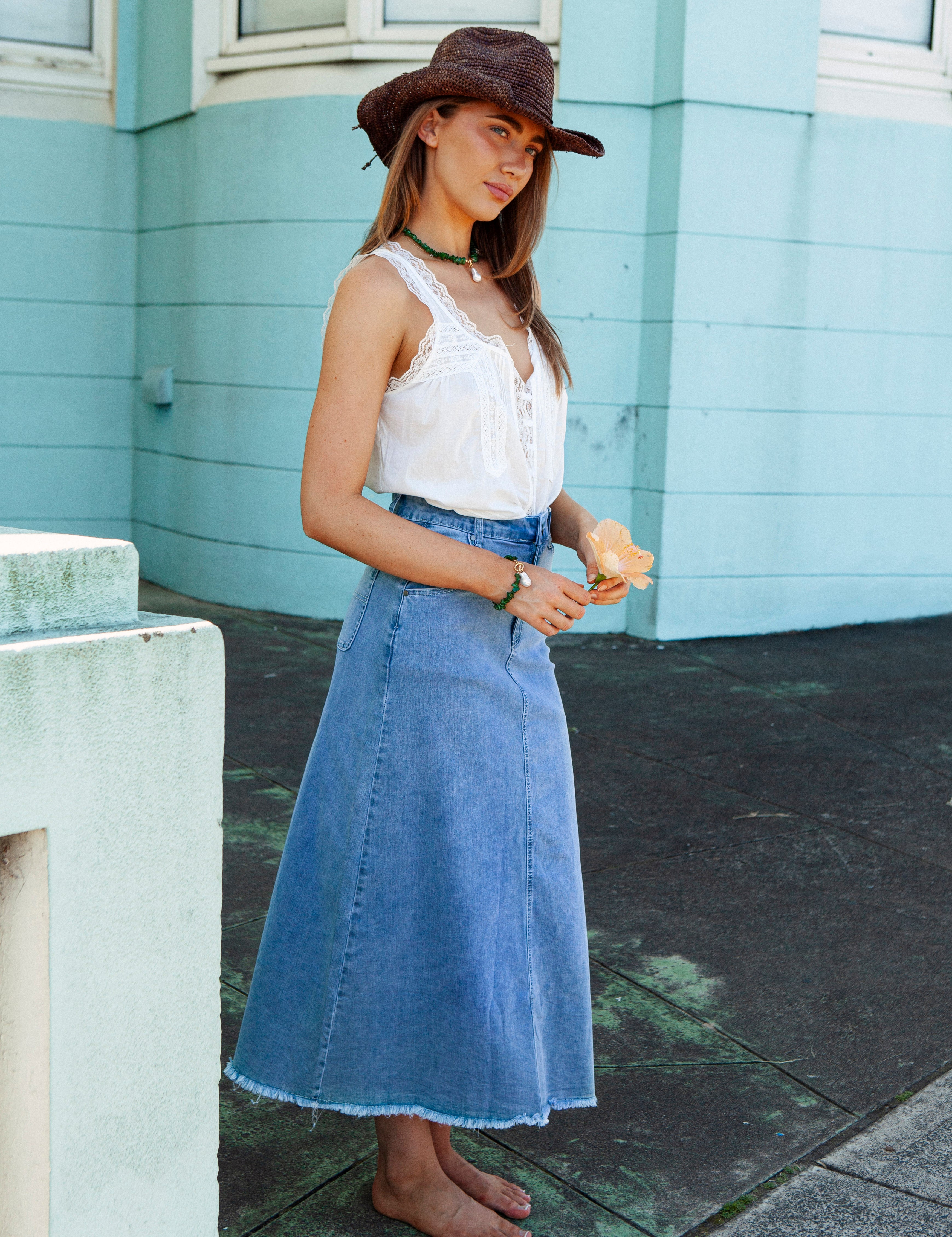 Penny Denim Skirt featuring A-line style.