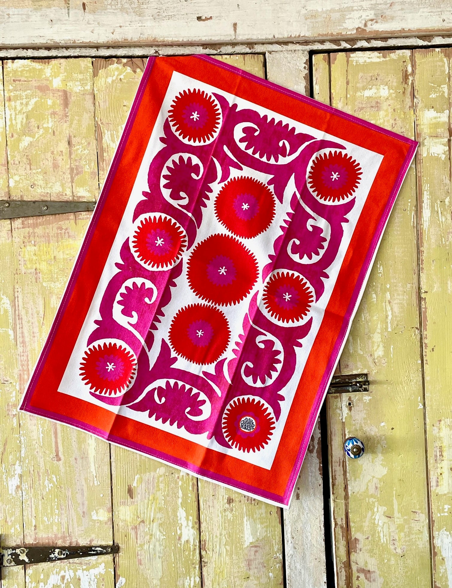 New Tea Towel – Pink & Orange Suzani