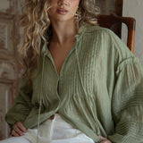 Poppy Blouse Fern - stunning Boho blouse featuring long sleeves, pleated detail and button down style.