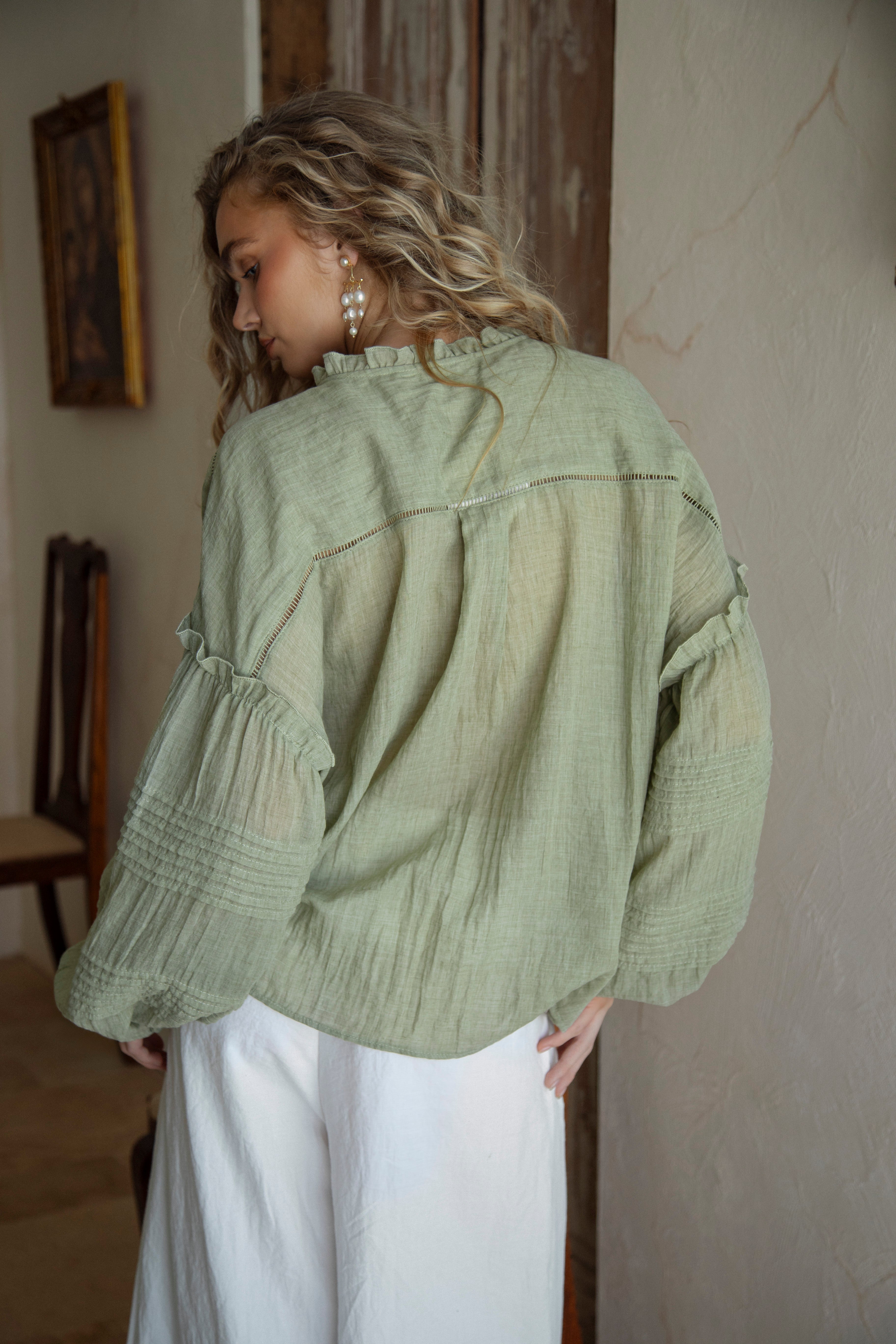 Poppy Blouse Fern - rear view of sage coloured Boho blouse.
