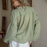 Poppy Blouse Fern - rear view of sage coloured Boho blouse.