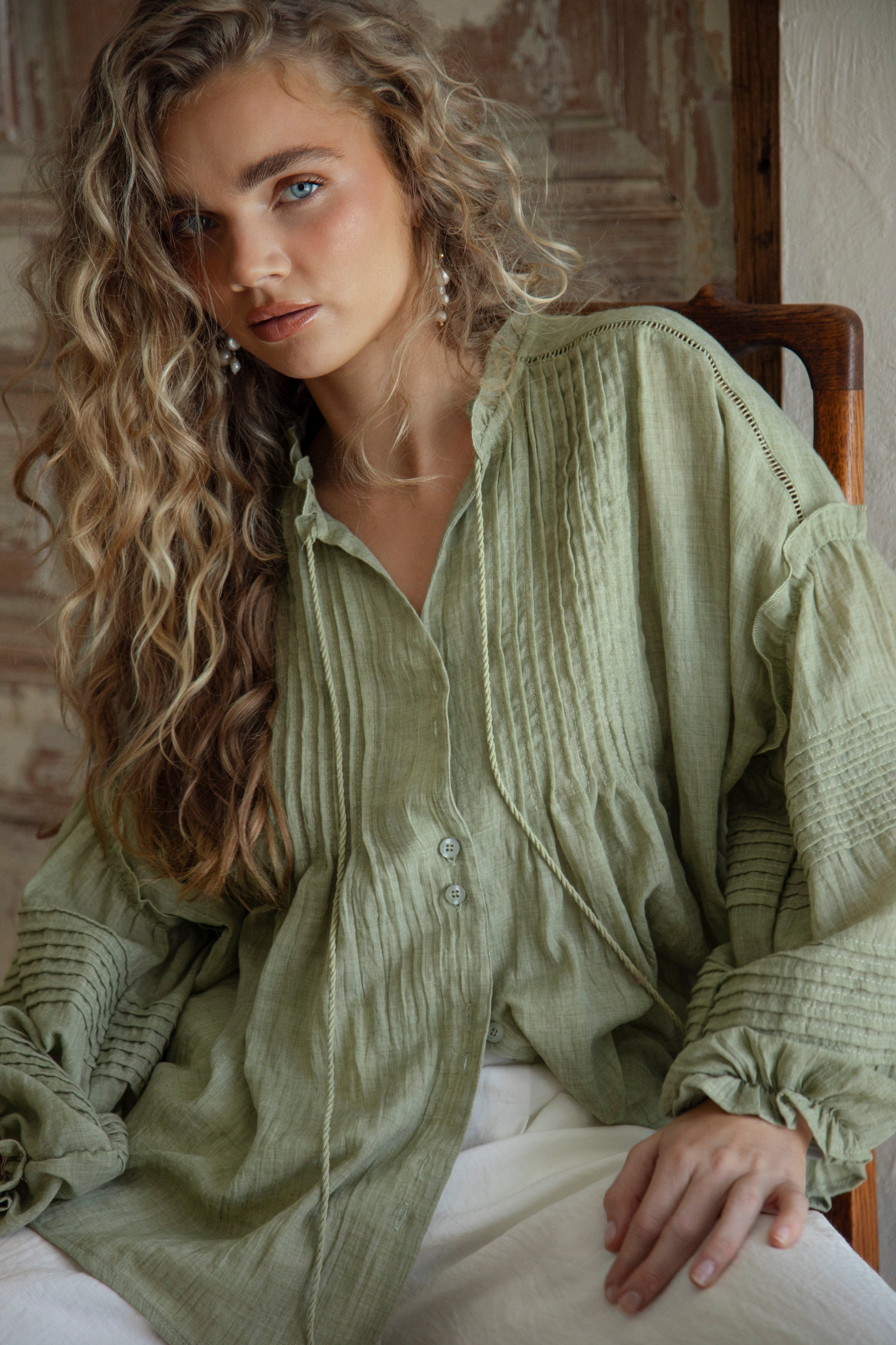 Poppy Blouse Fern - Bohemian style blouse in sage green colourway.