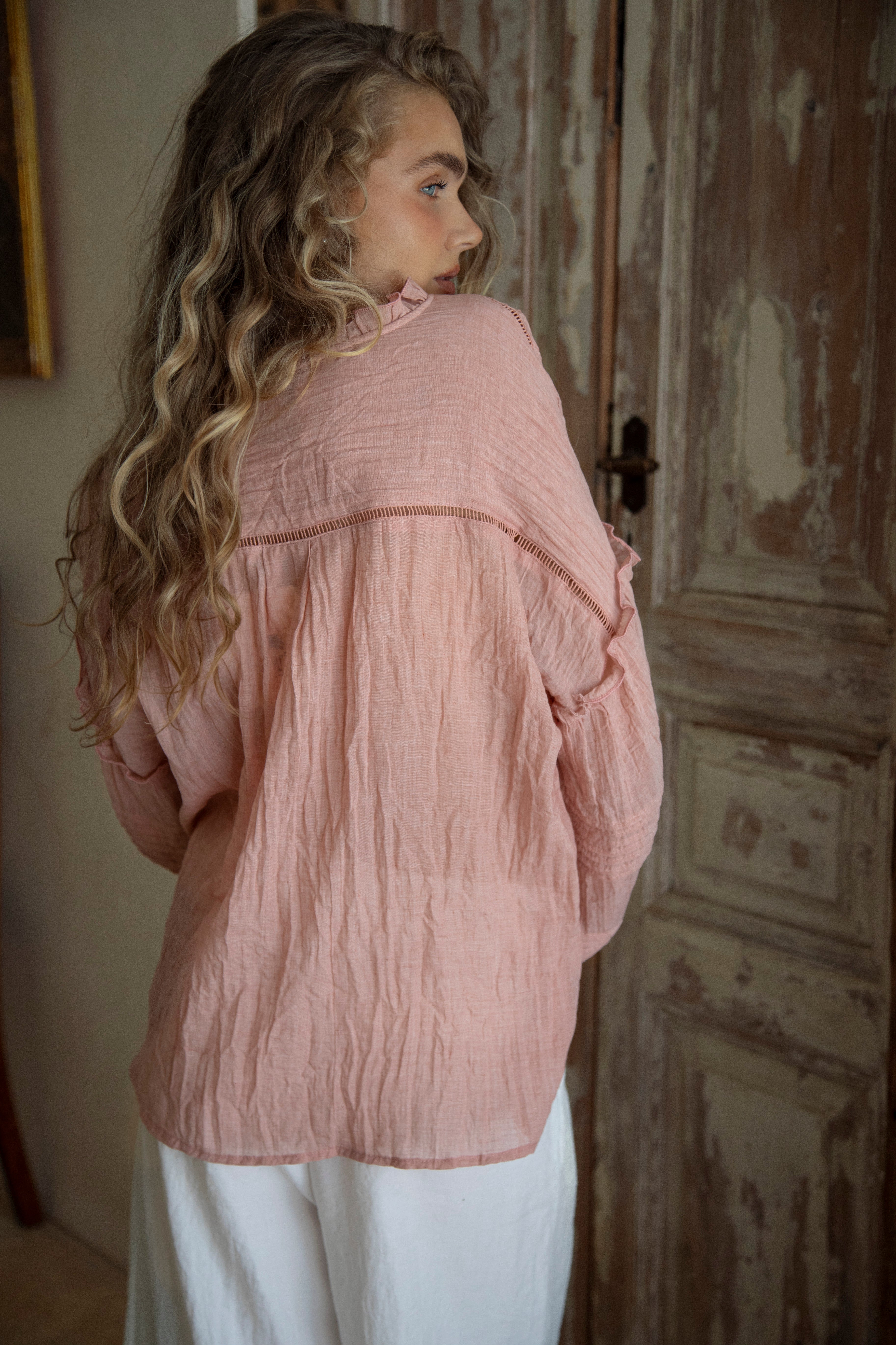 Poppy Blouse Rose - rear view of lace detail and ruffle on shoulder