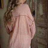 Poppy Blouse Rose - rear view of lace detail and ruffle on shoulder