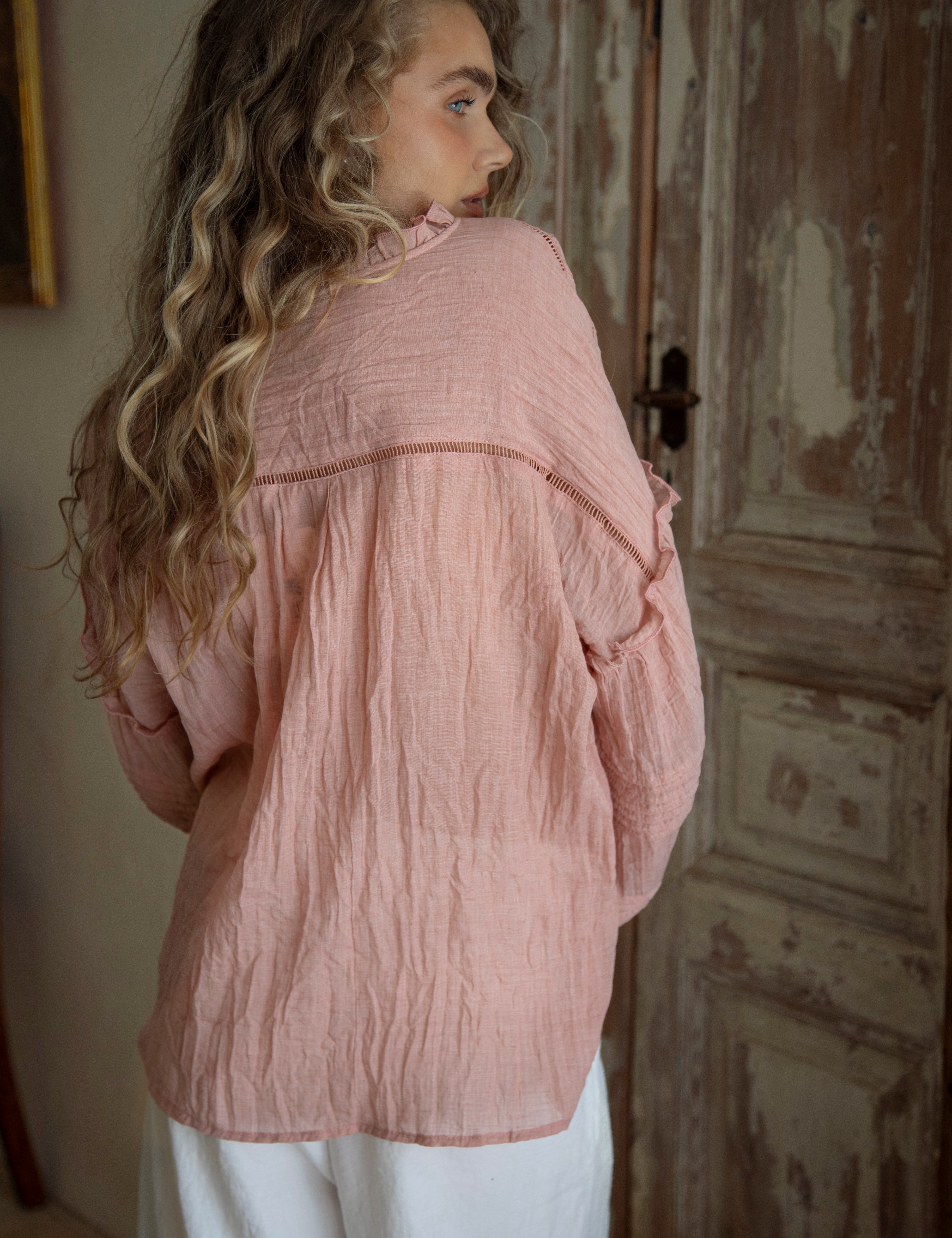 Poppy Blouse Rose - rear view of lace detail and ruffle on shoulder