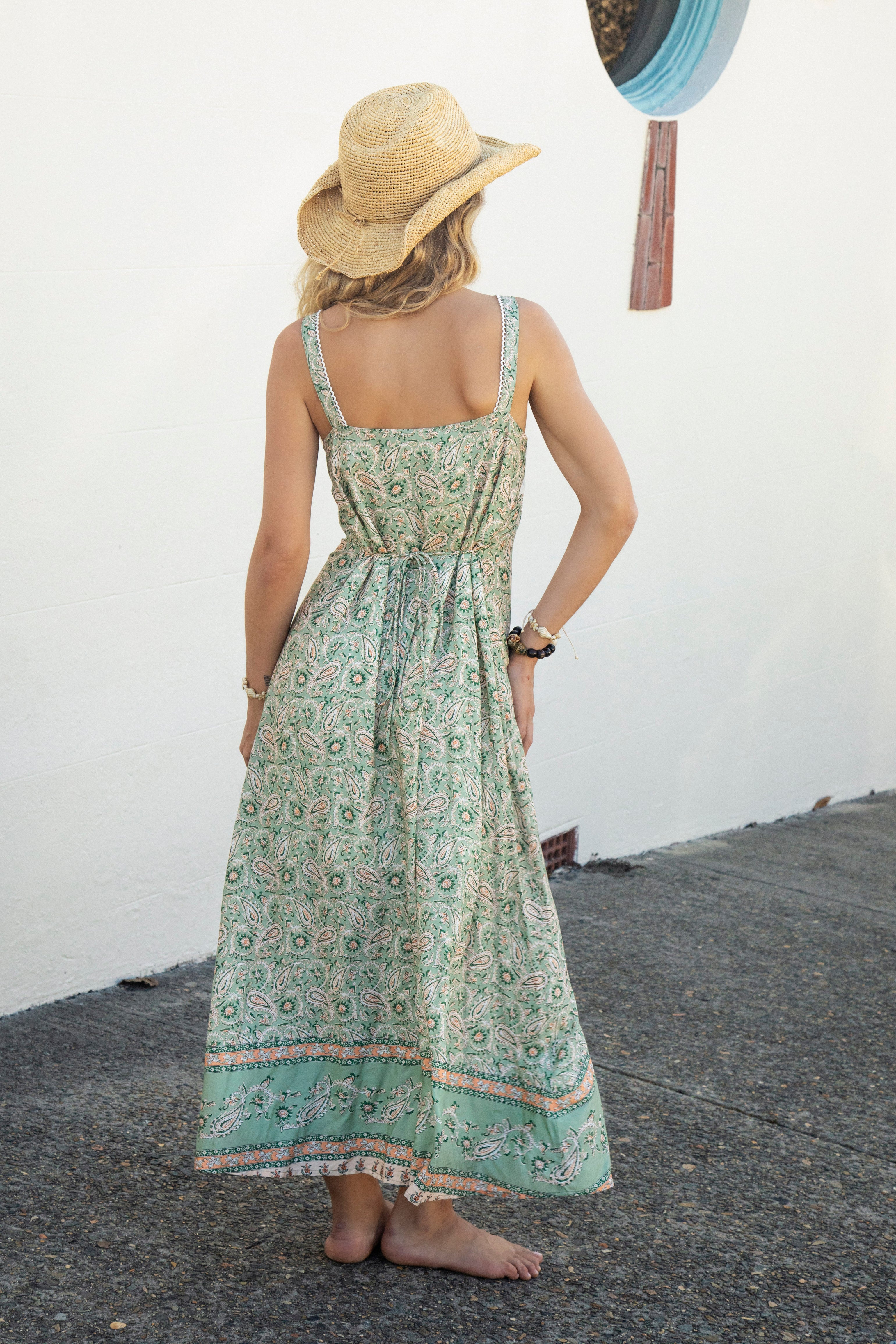 Prairie Sundress Sage Paisley Rear view featuring tie waist