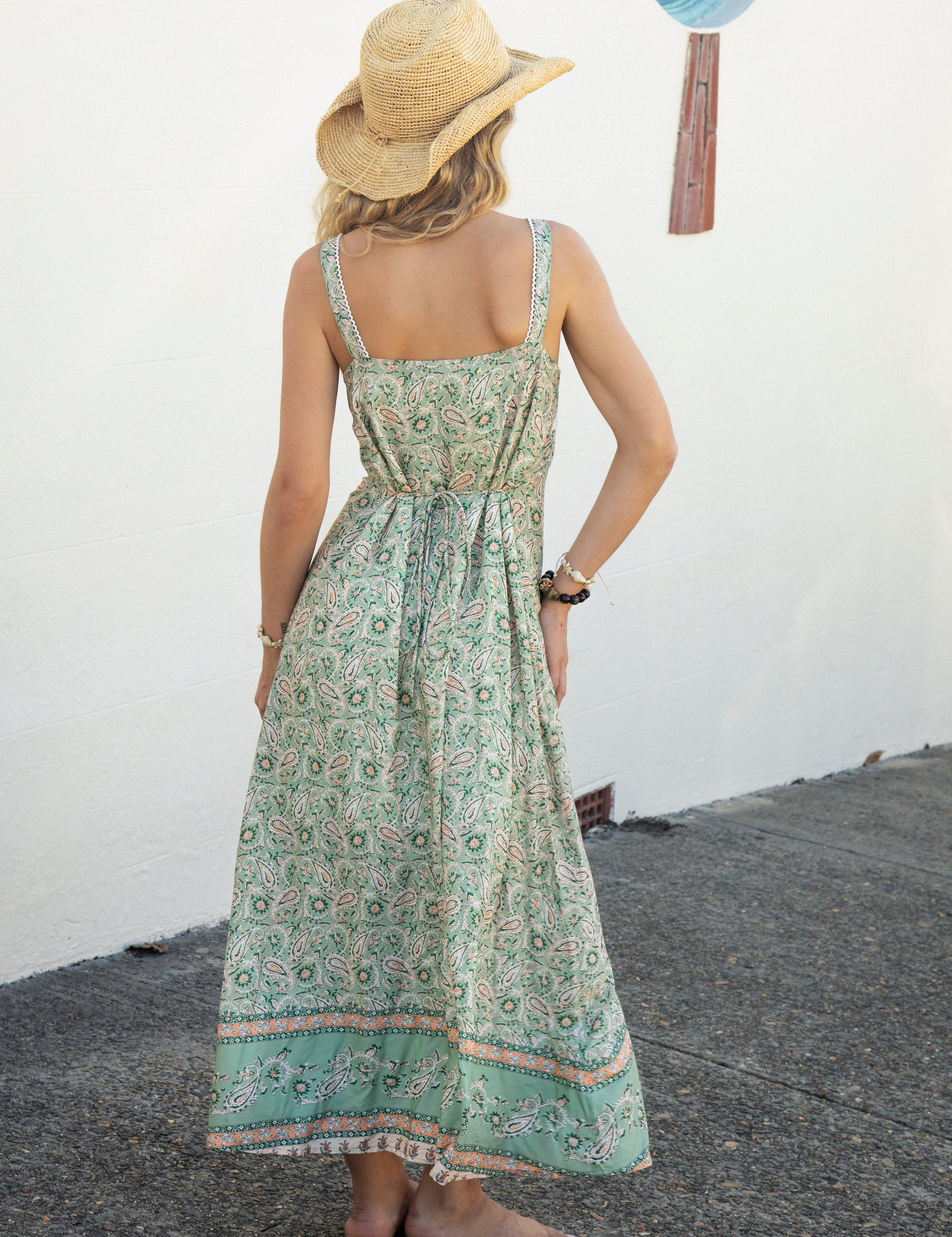 Prairie Sundress Sage Paisley Rear view featuring tie waist