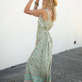 Prairie Sundress Sage Paisley is a Boho style maxi length dress with lace detail and paisley pattern