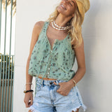 Primrose Cami Sage Paisley featuring lace details and button down style