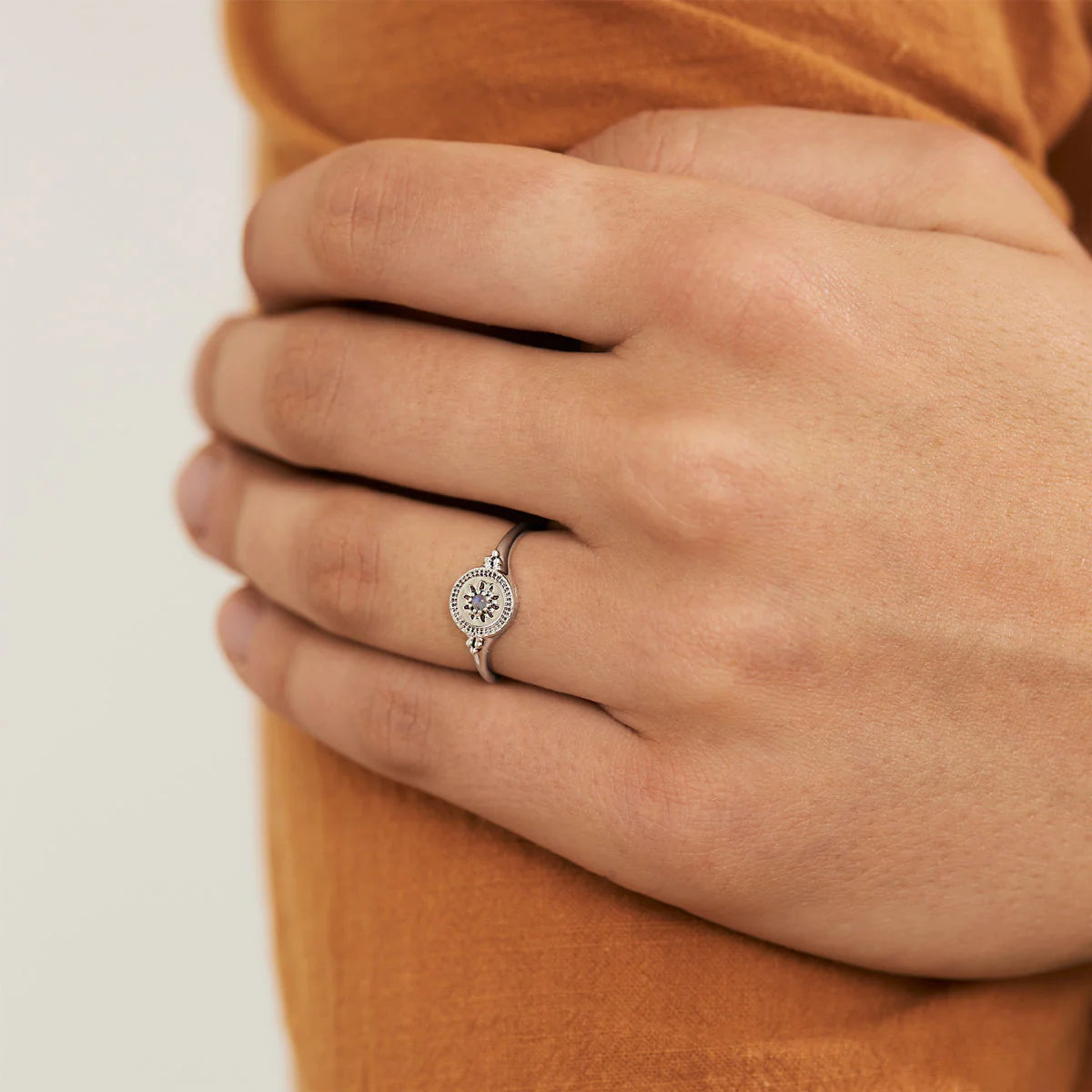 Midsummer Star Solstice Rainbow Moonstone Signet Ring