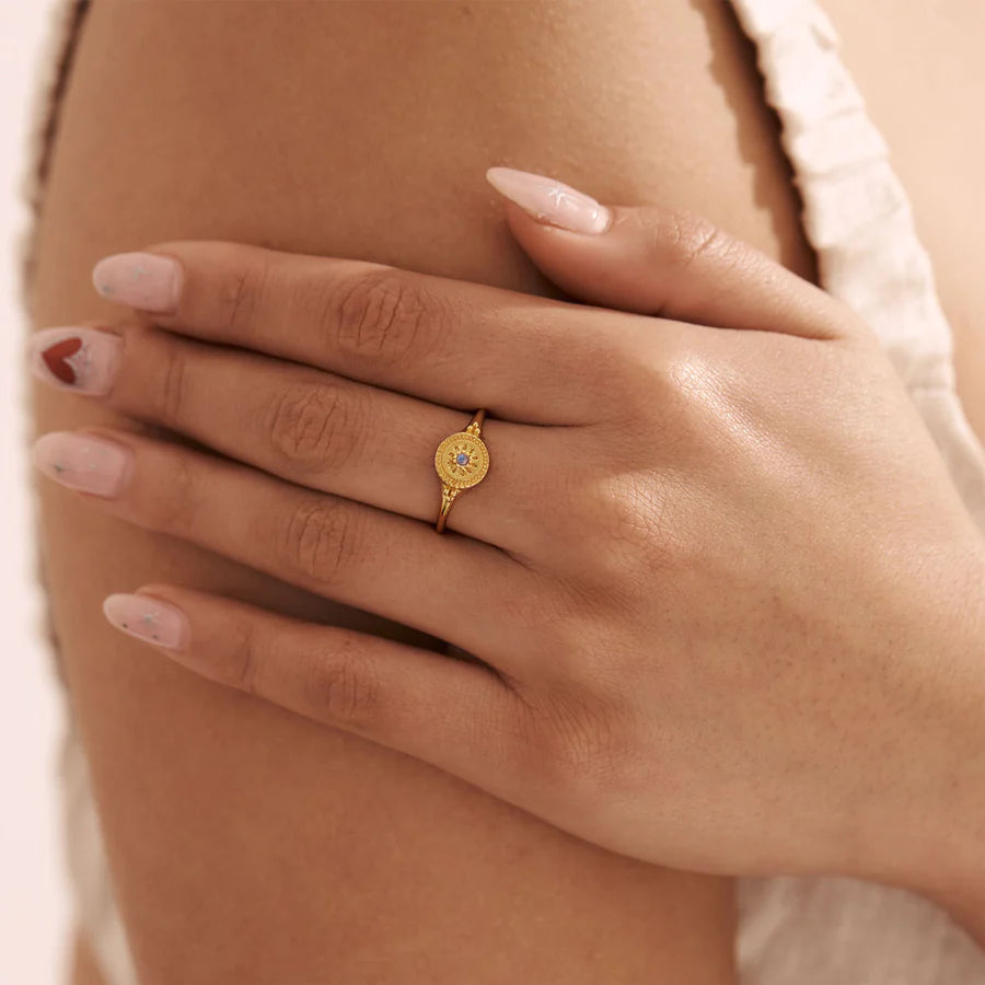 Midsummer Star Solstice Rainbow Moonstone Signet Ring Gold