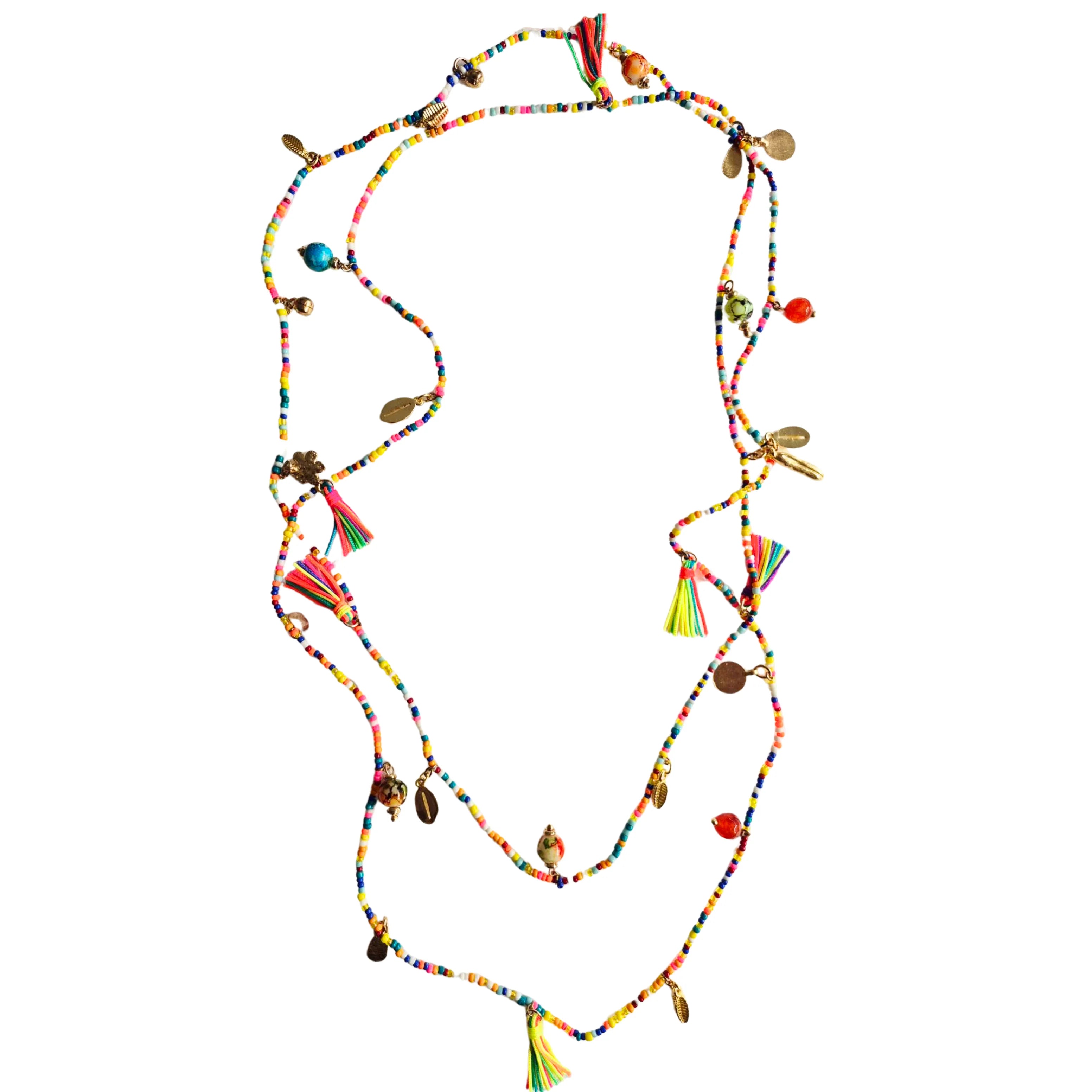 Rainbow Tassel Charm Necklace - beaded necklace with rainbow tassels and bead embellishments